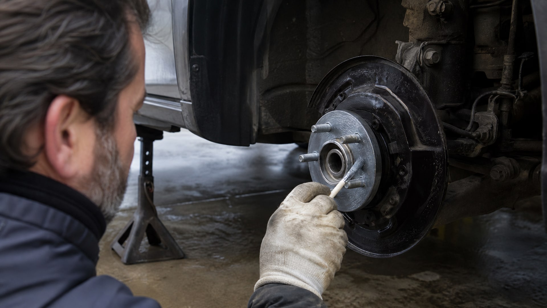 Мужчина в перчатках наносит тонкий слой WD40 на ступицу колеса кисточкой.