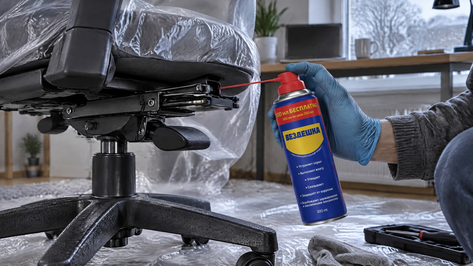 Рука в перчатке наносит универсальную смазку WD40 на механизм кресла.