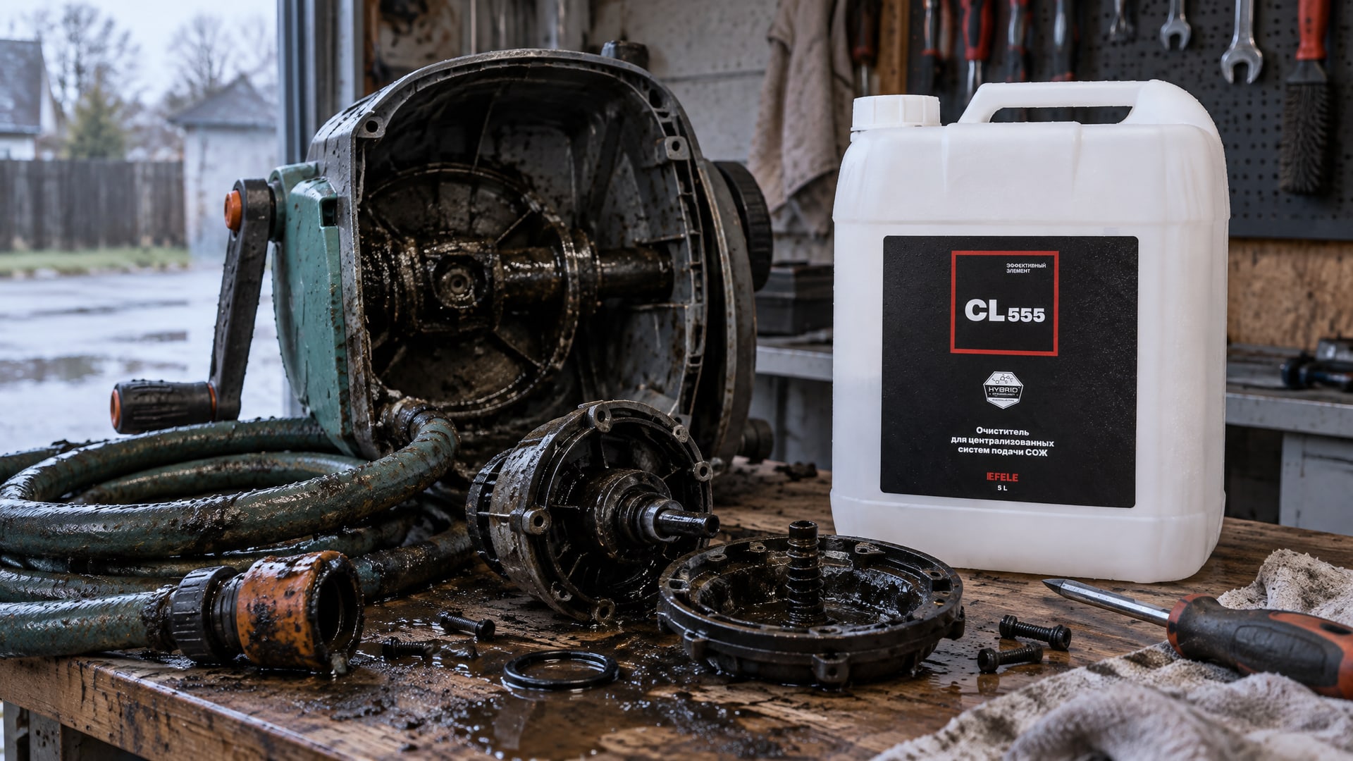 Рука наносит EFELE CL-555 (очиститель для систем СОЖ) для оптимизации системы.