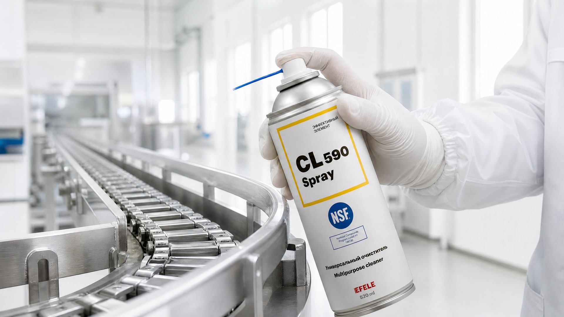 Рука наносит EFELE CL-590 Spray для очистки оборудования перед переходом на смазки H1.