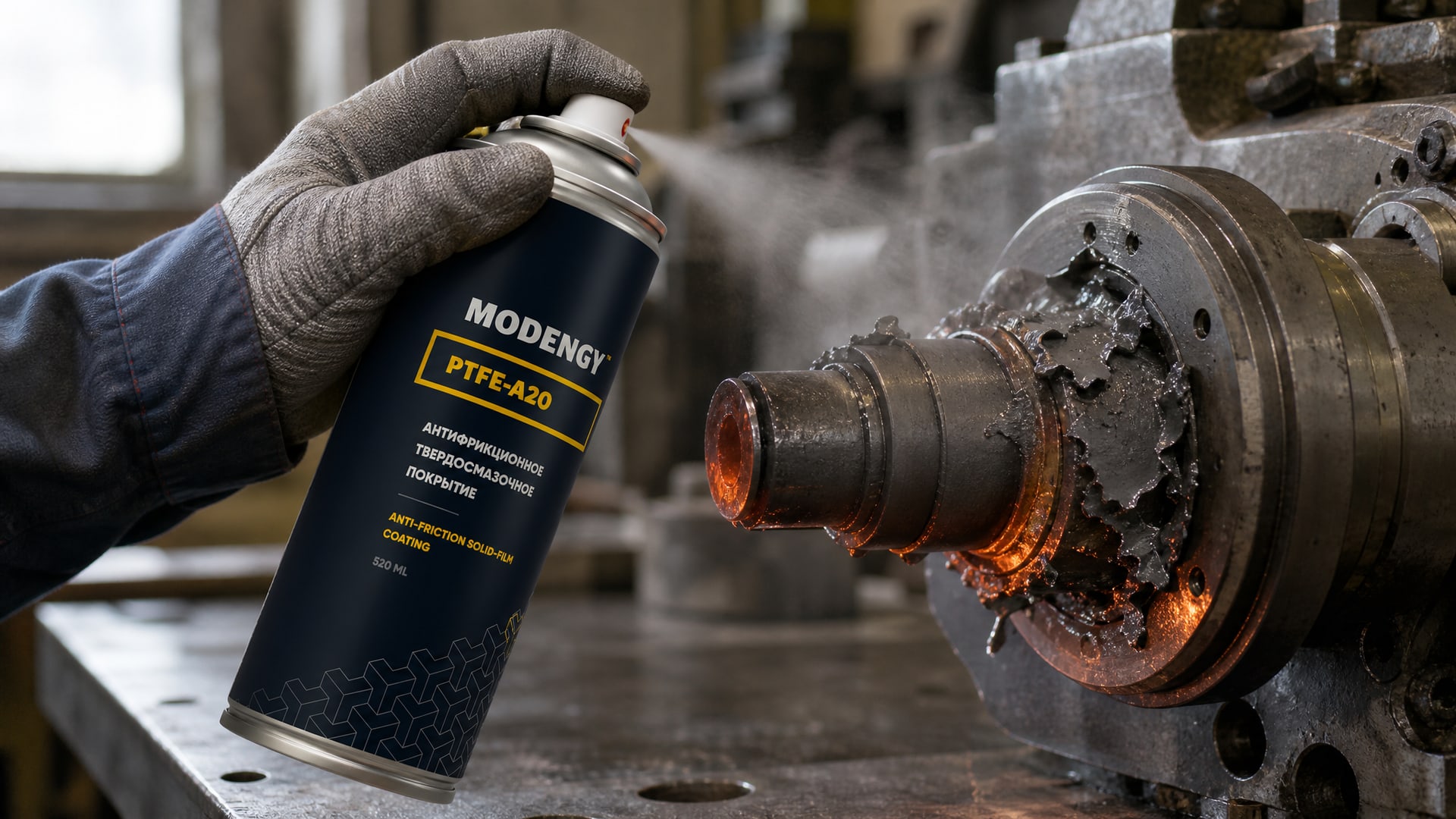 Нанесение антифрикционного покрытия MODENGY PTFE-A20 на деталь оборудования.