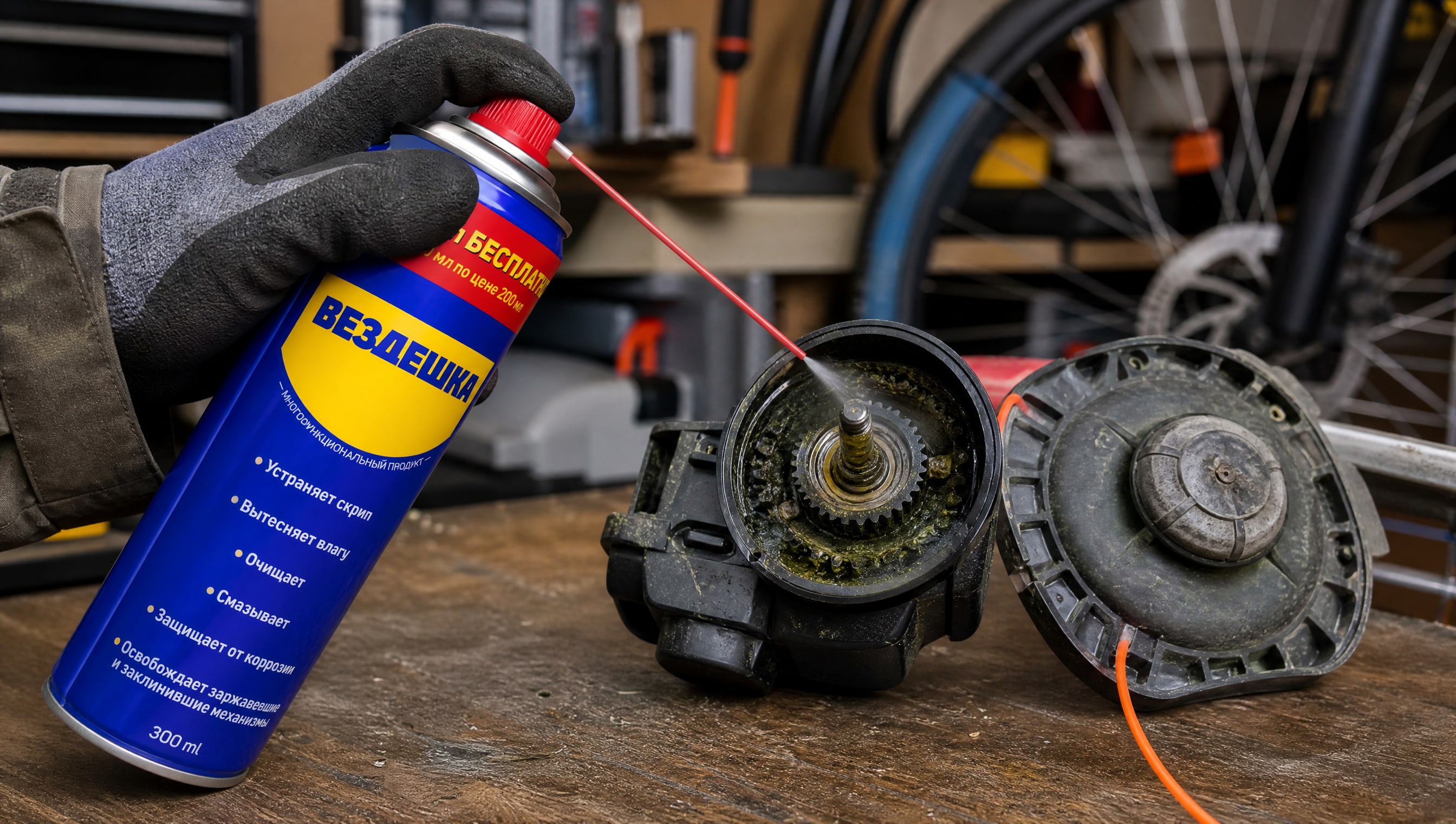 Рука наносит универсальную смазку WD40 на детали триммера.