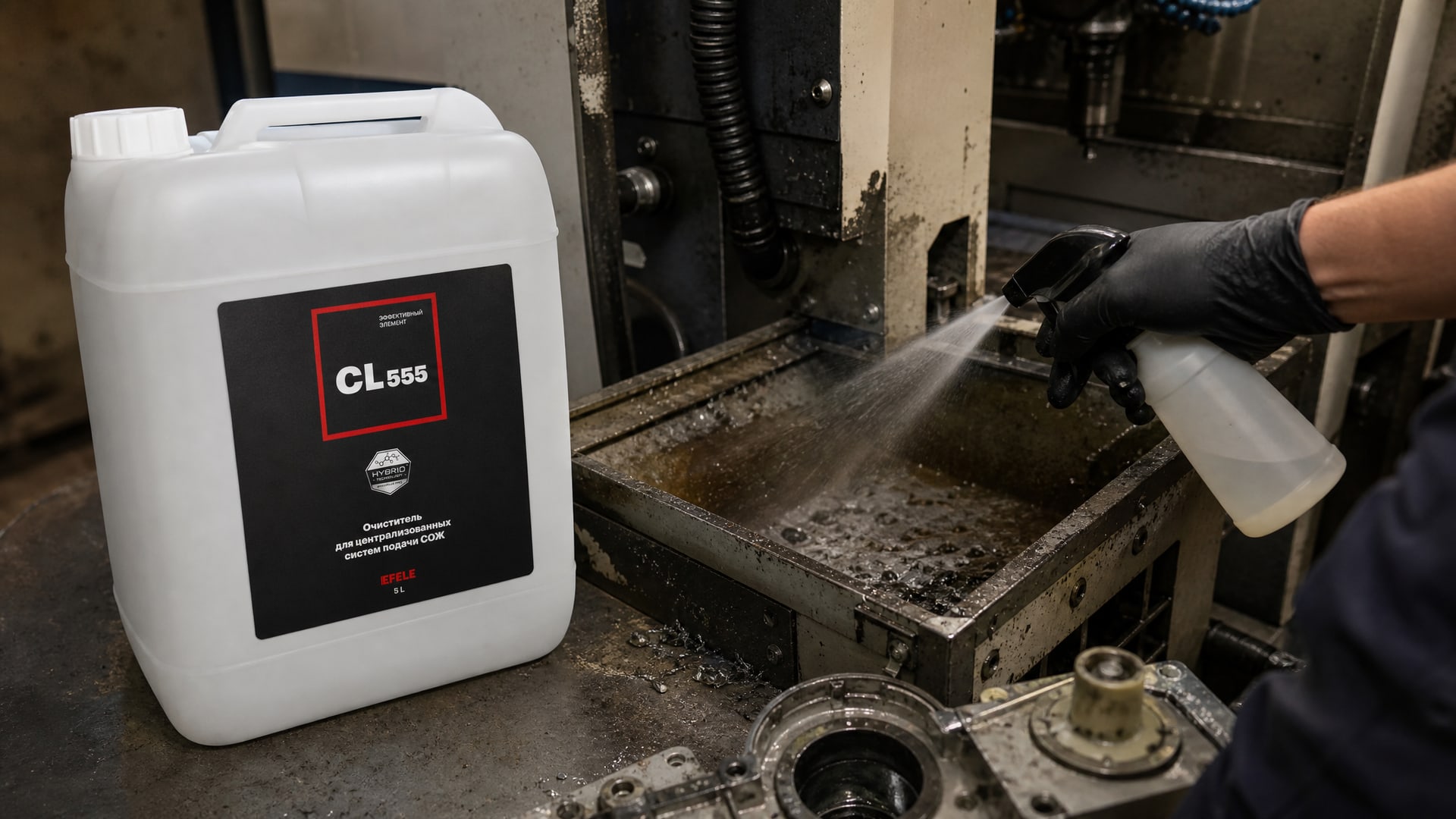 Нанесение EFELE CL-555 (очистителя для систем СОЖ) для профилактики ржавчины на станке