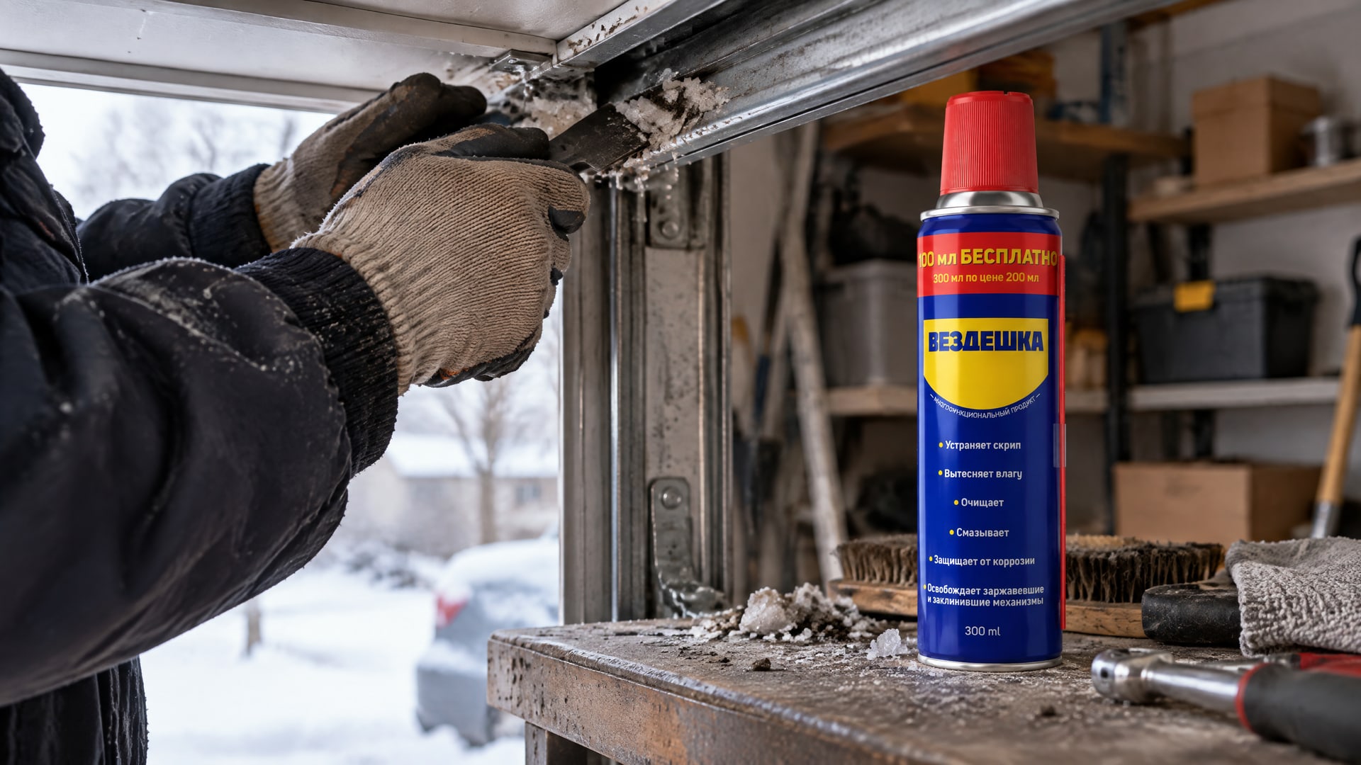Рука в перчатке наносит универсальную смазку ВД-40 на гаражные ворота.