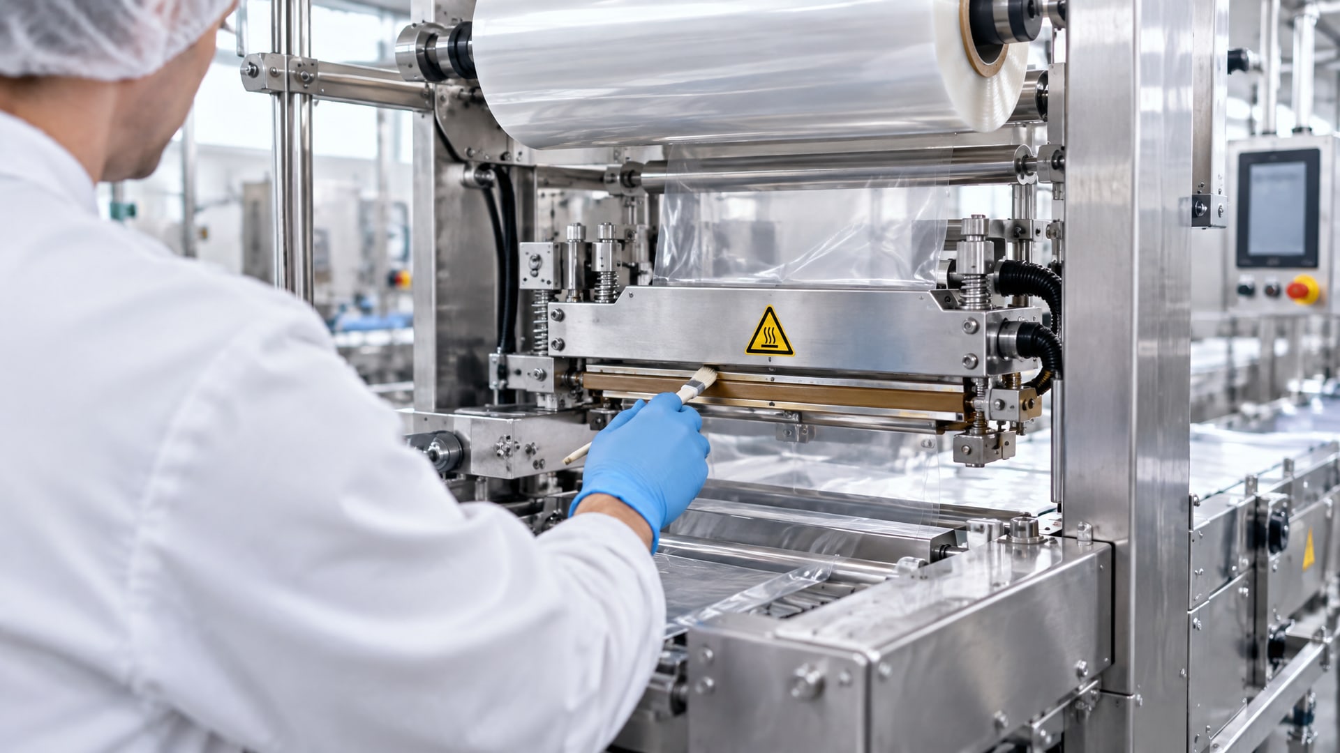 Работник наносит защиту продукта смазка на узел герметизации упаковочной машины.