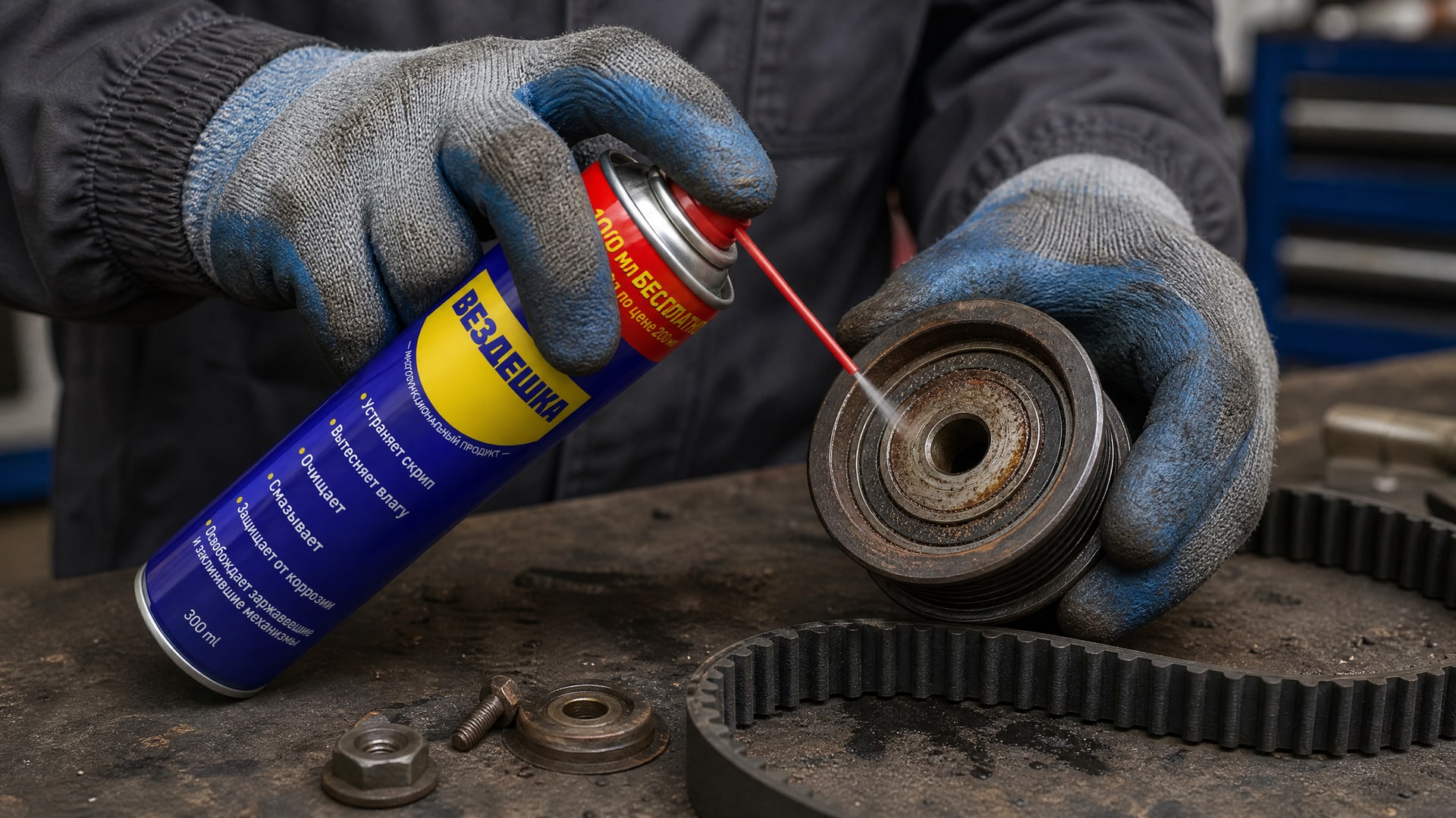 Рука в перчатке наносит универсальную смазку WD40 на подшипник.