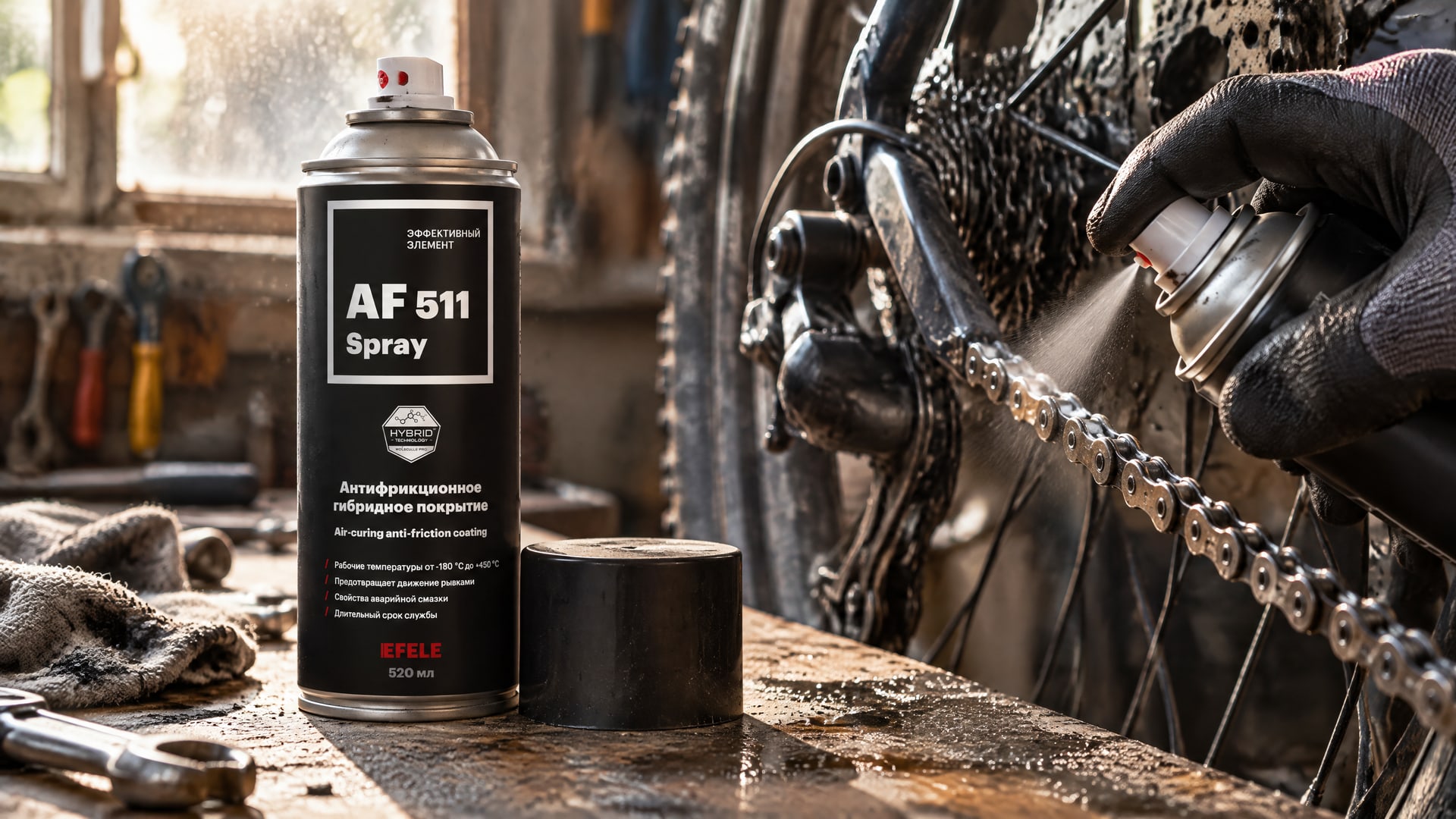 Рука в перчатке наносит EFELE AF-511 Spray – антифрикционное сухое покрытие.