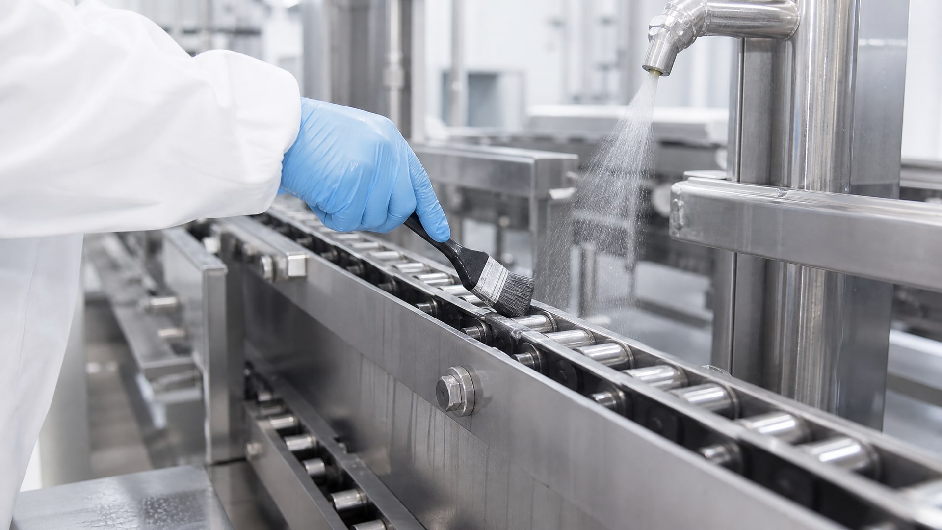Работник наносит защитное покрытие на цепь оборудования замороженных продуктов.