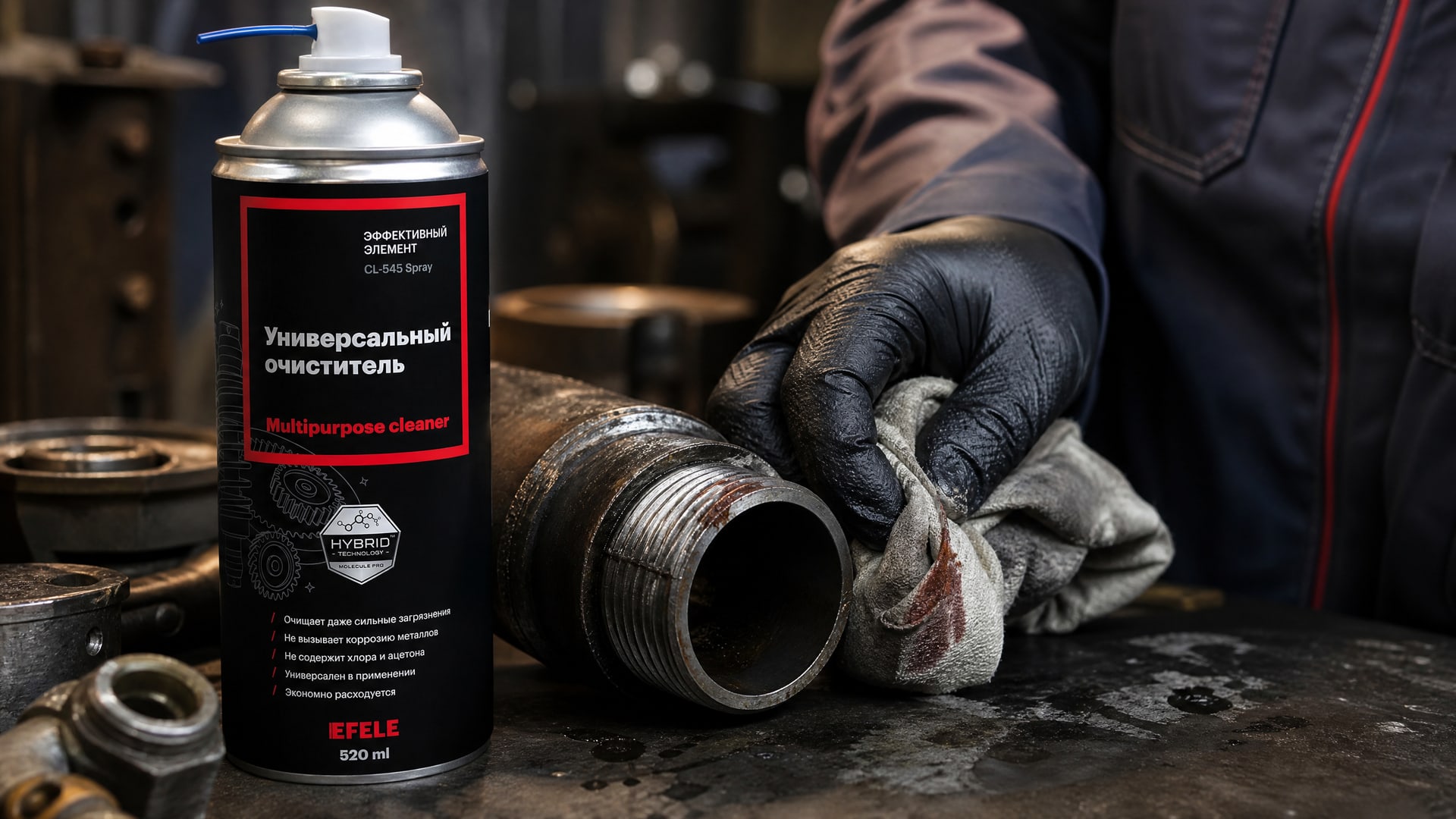 Рука в перчатке наносит универсальный очиститель EFELE CL-545 Spray.