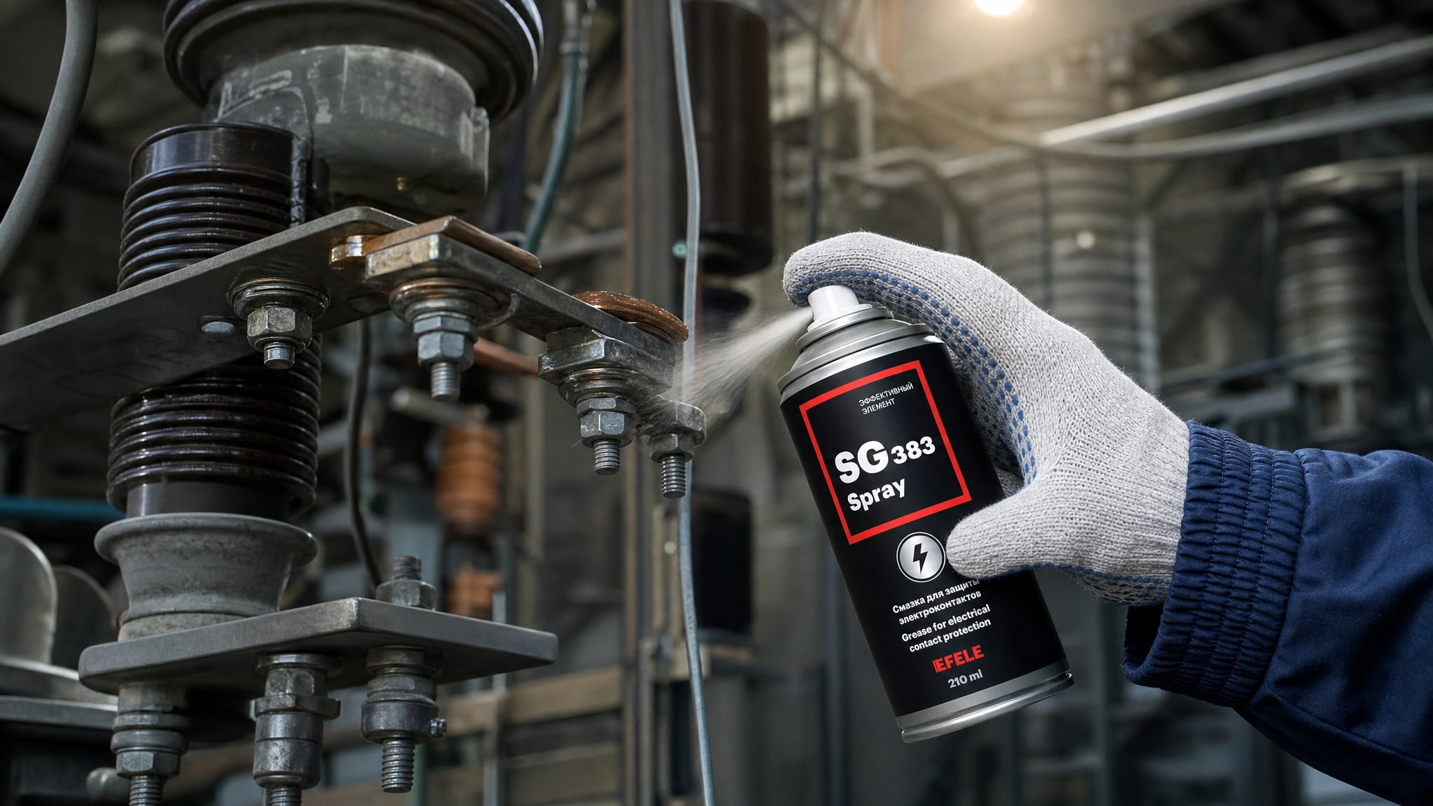 Защита электроконтактов EFELE SG-383 Spray наносится на оборудование.