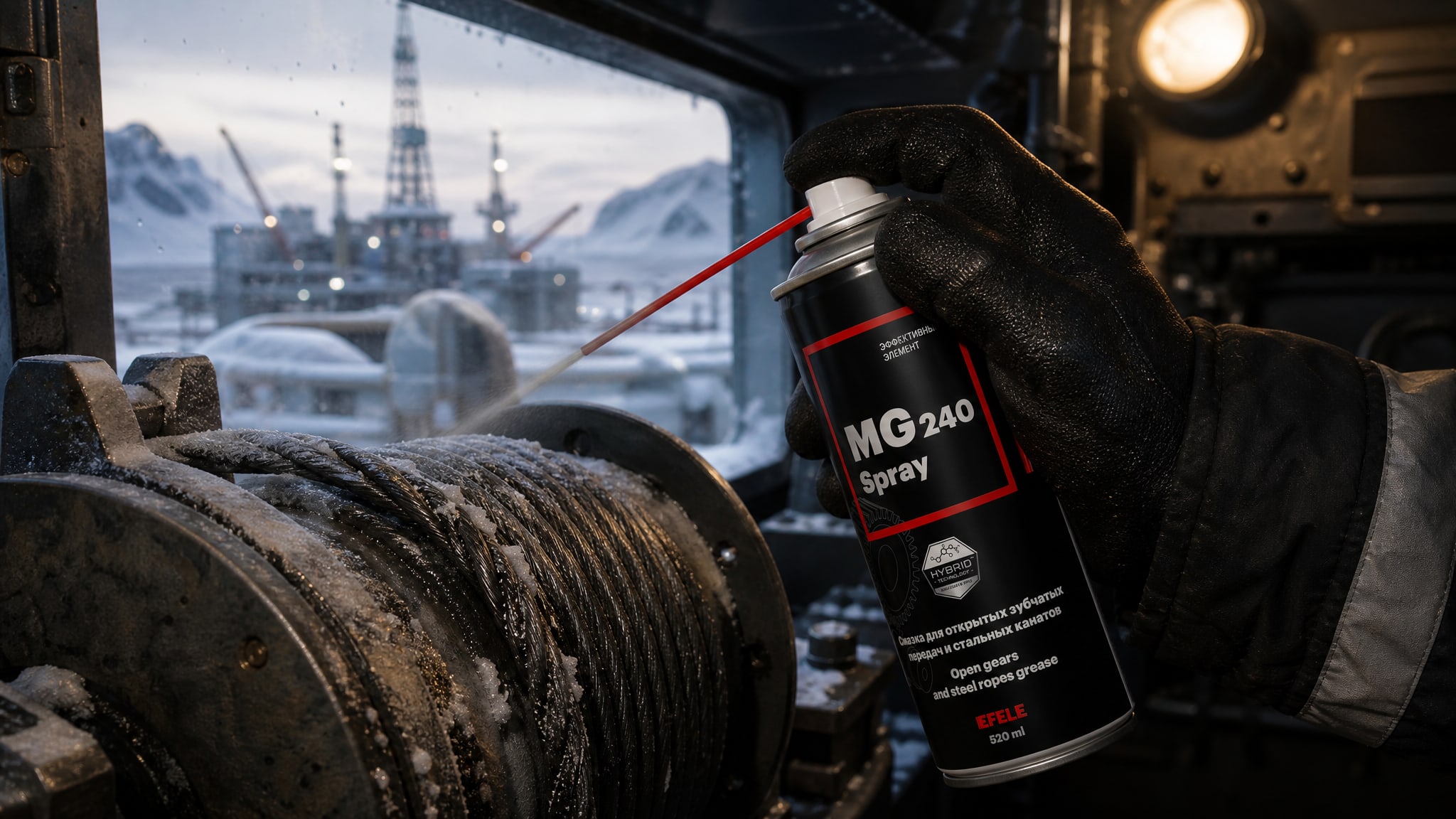 Рука в перчатке наносит адгезивную смазку EFELE MG-240 Spray на канат.