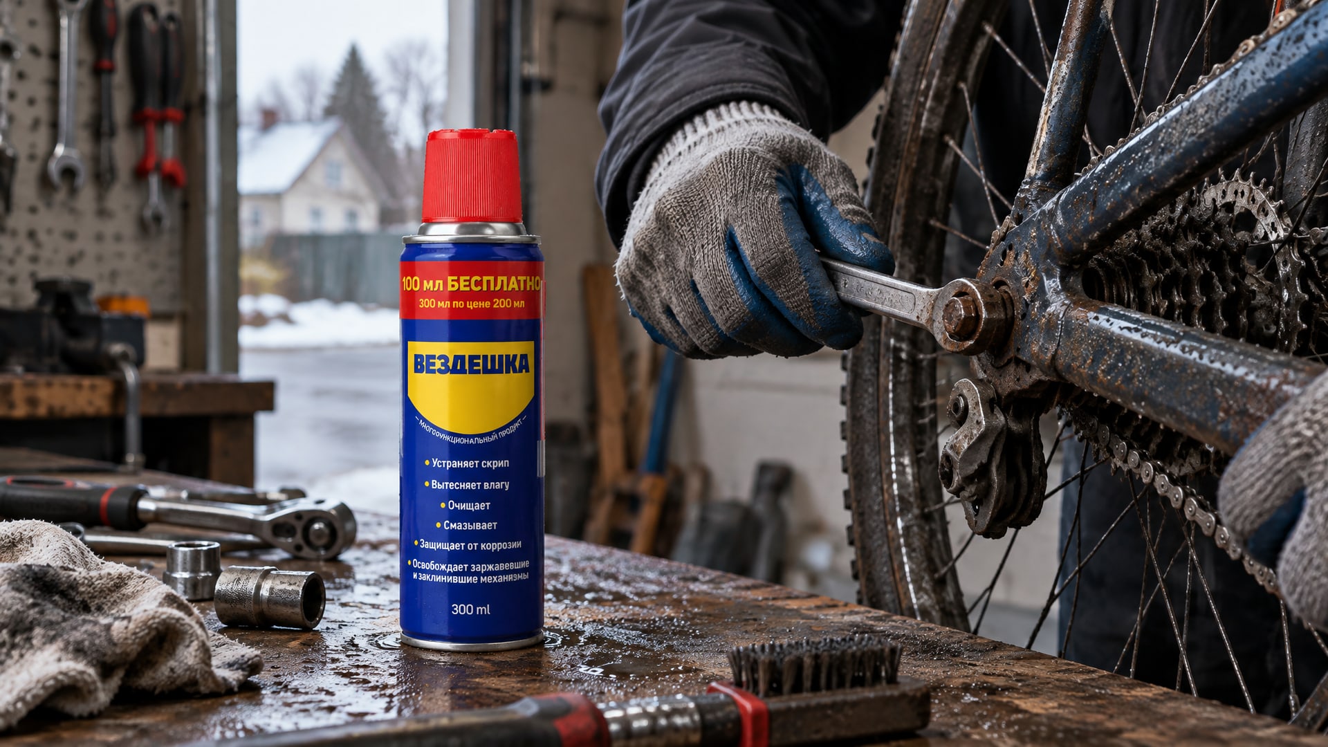Рука в перчатке наносит универсальную смазку WD-40 на резьбовое соединение.