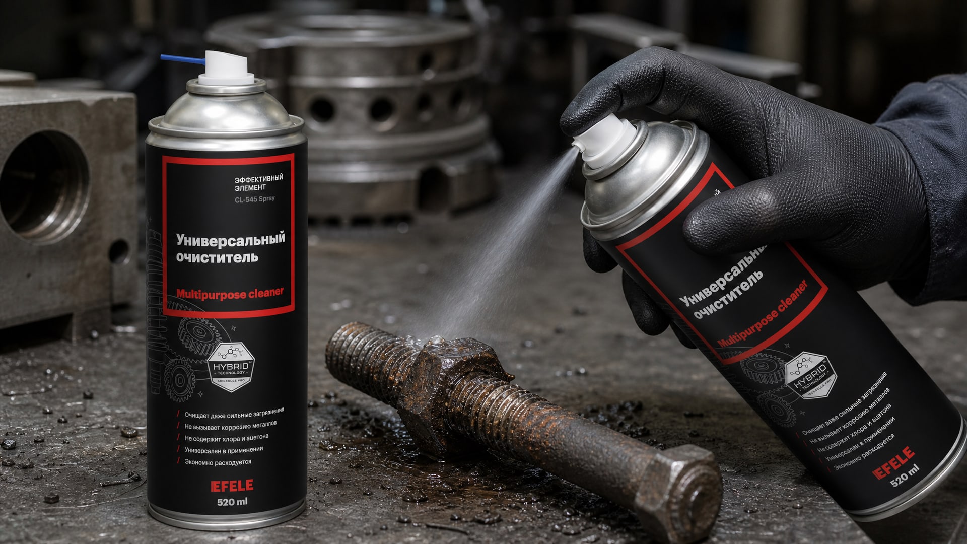 Рука в перчатке наносит EFELE CL-545 Spray, чтобы очистить поверхность перед нанесением герметика.