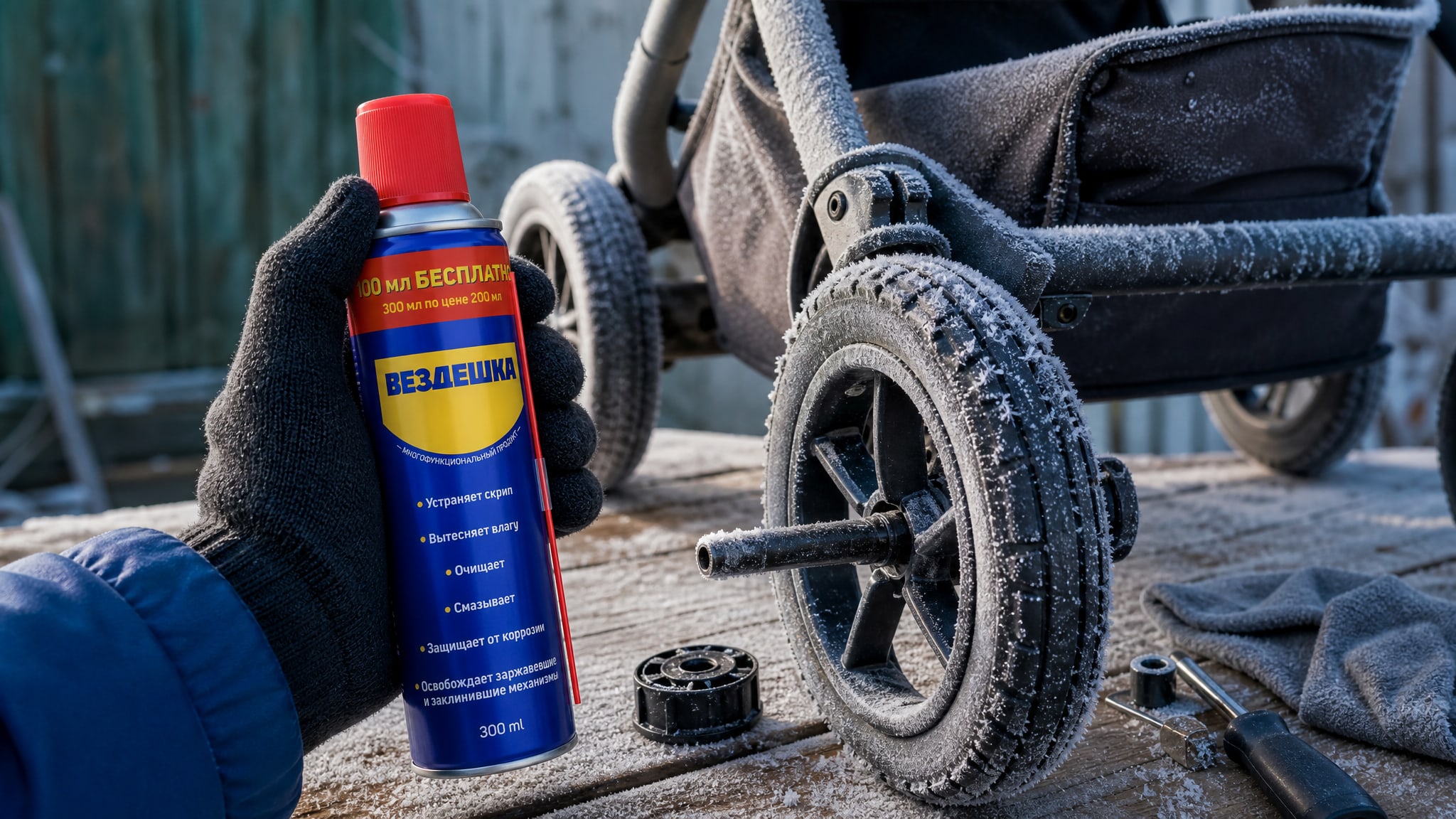 Смазка wd-40 наносится на детали коляски для устранения скрипа.