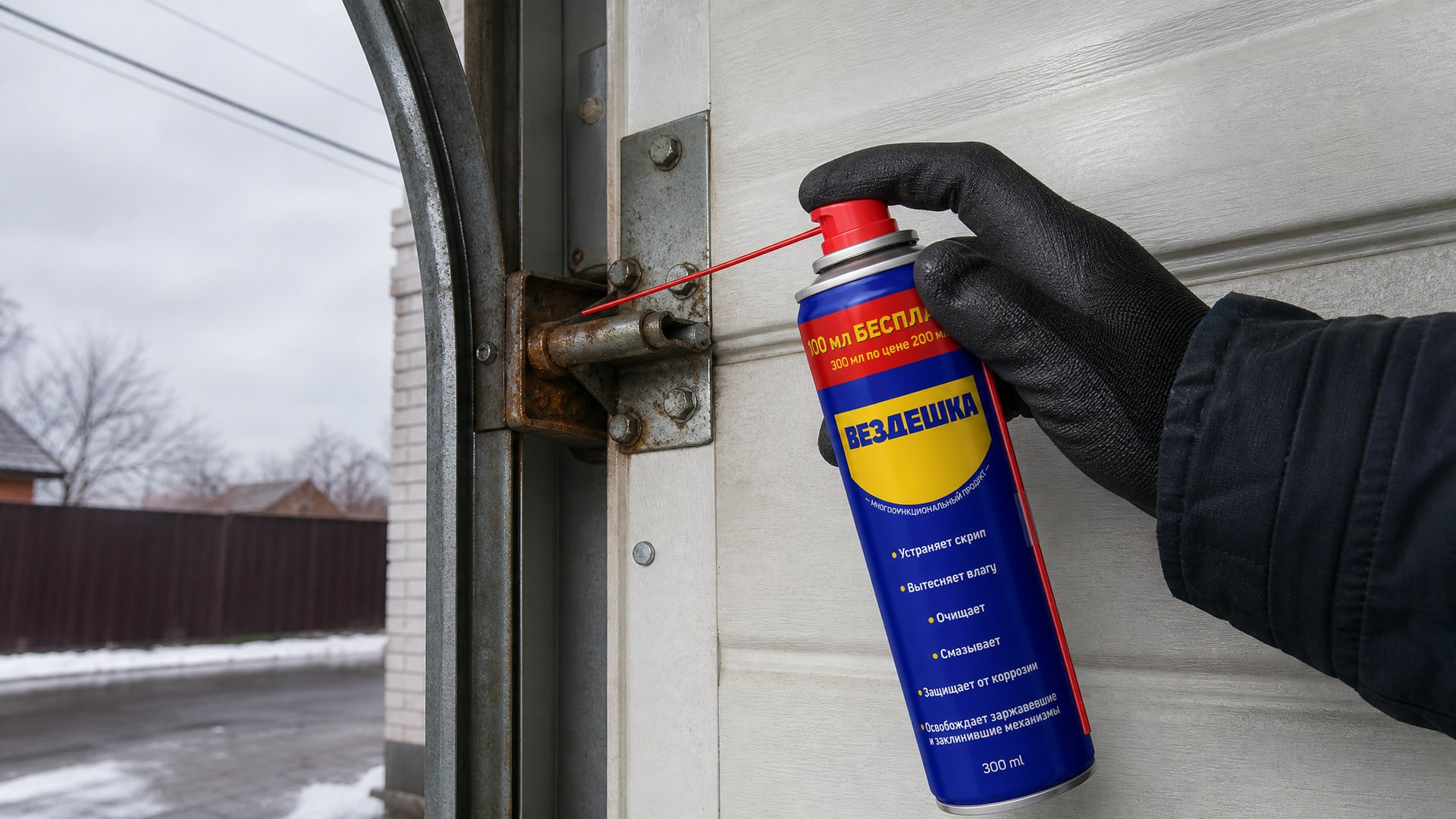 Рука в перчатке наносит универсальную смазку WD-40 на направляющие.