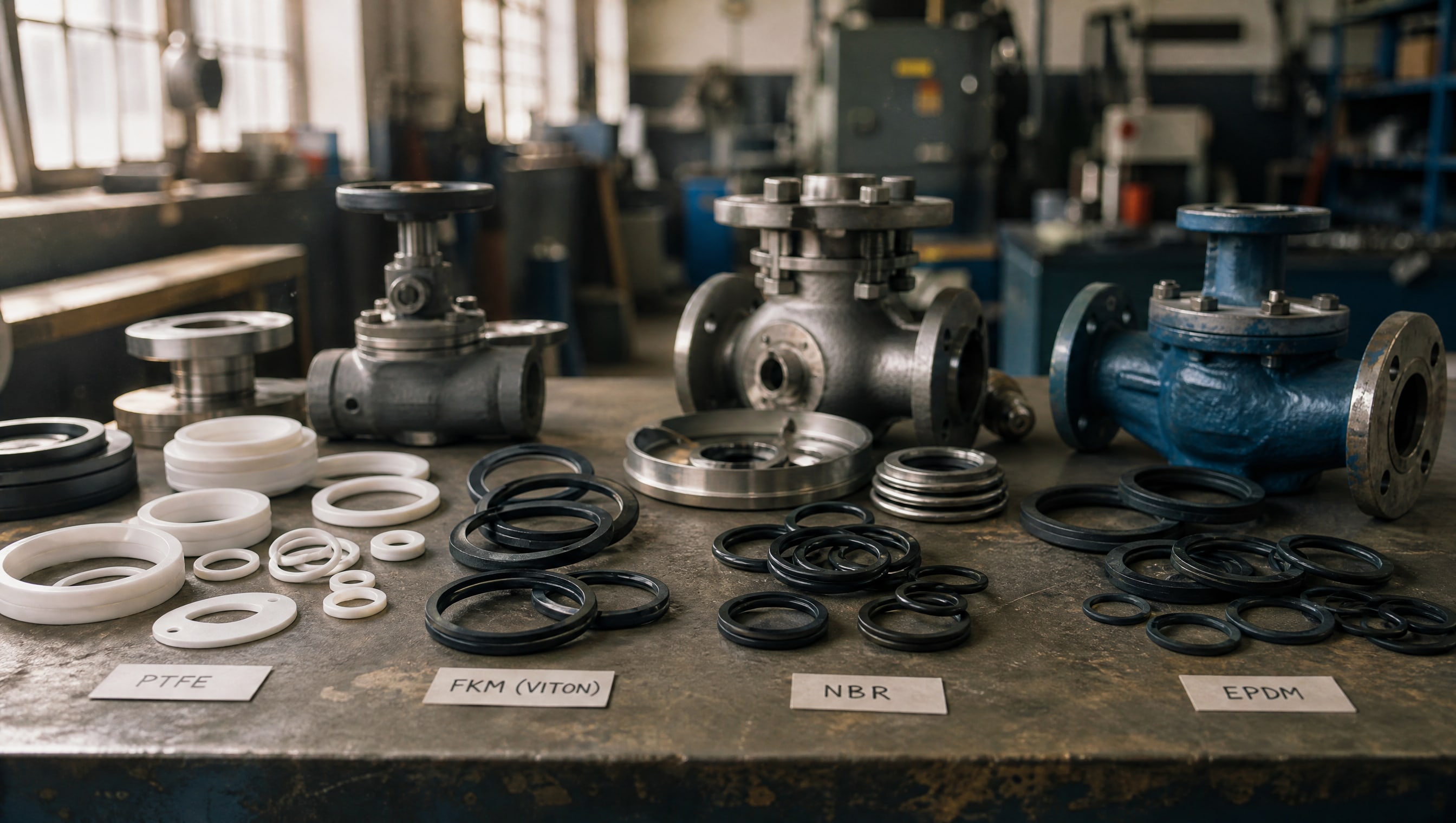 На верстаке лежат разные материалы уплотнений, включая ПТФЭ, FKM, NBR, EPDM, рядом с разобранными деталями газовых кранов. На верстаке лежат разные материалы уплотнений, включая ПТФЭ, FKM, NBR, EPDM, рядом с разобранными деталями газовых кранов.