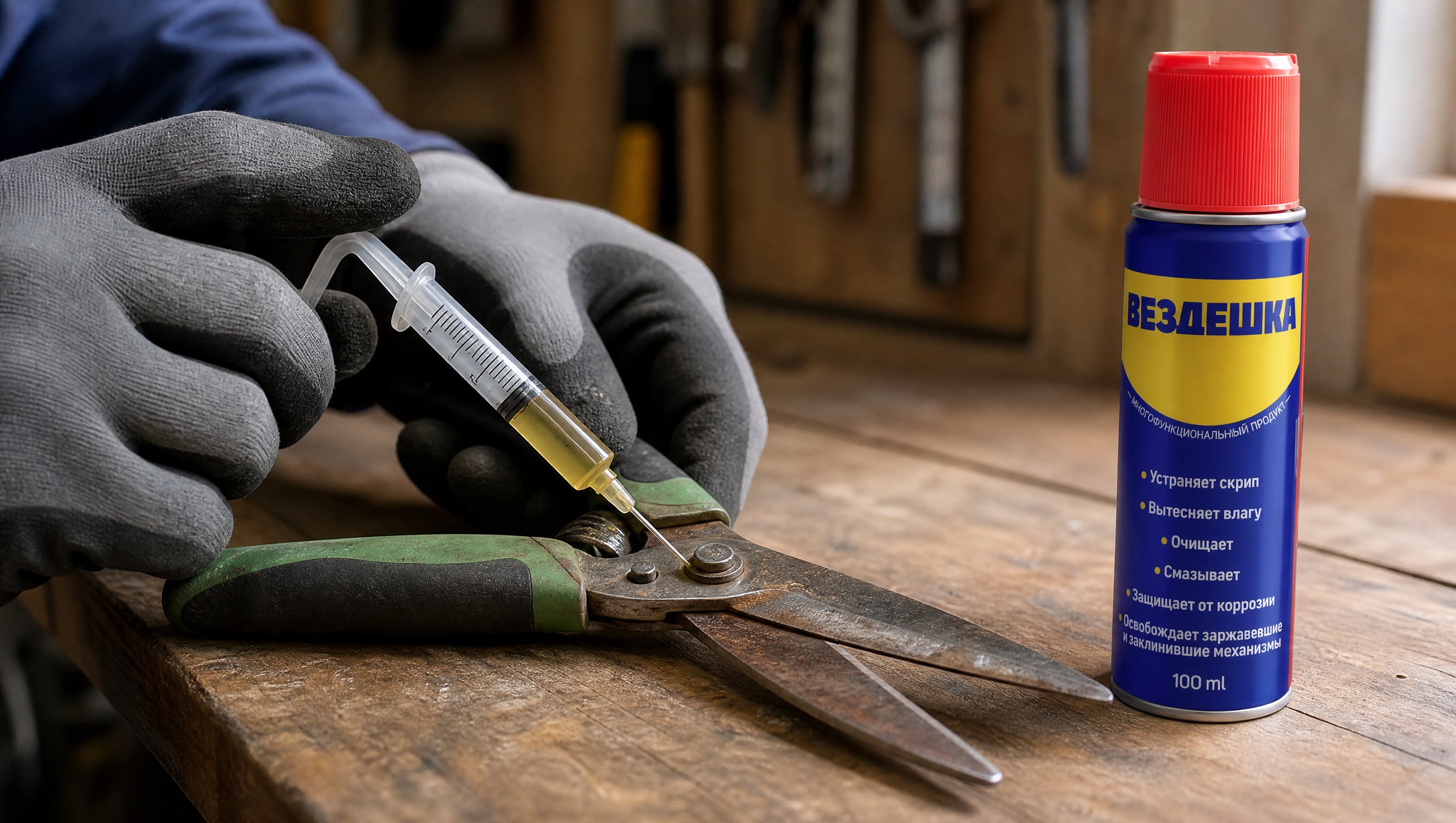 Рука в перчатке наносит универсальную смазку WD-40 на садовый инструмент.