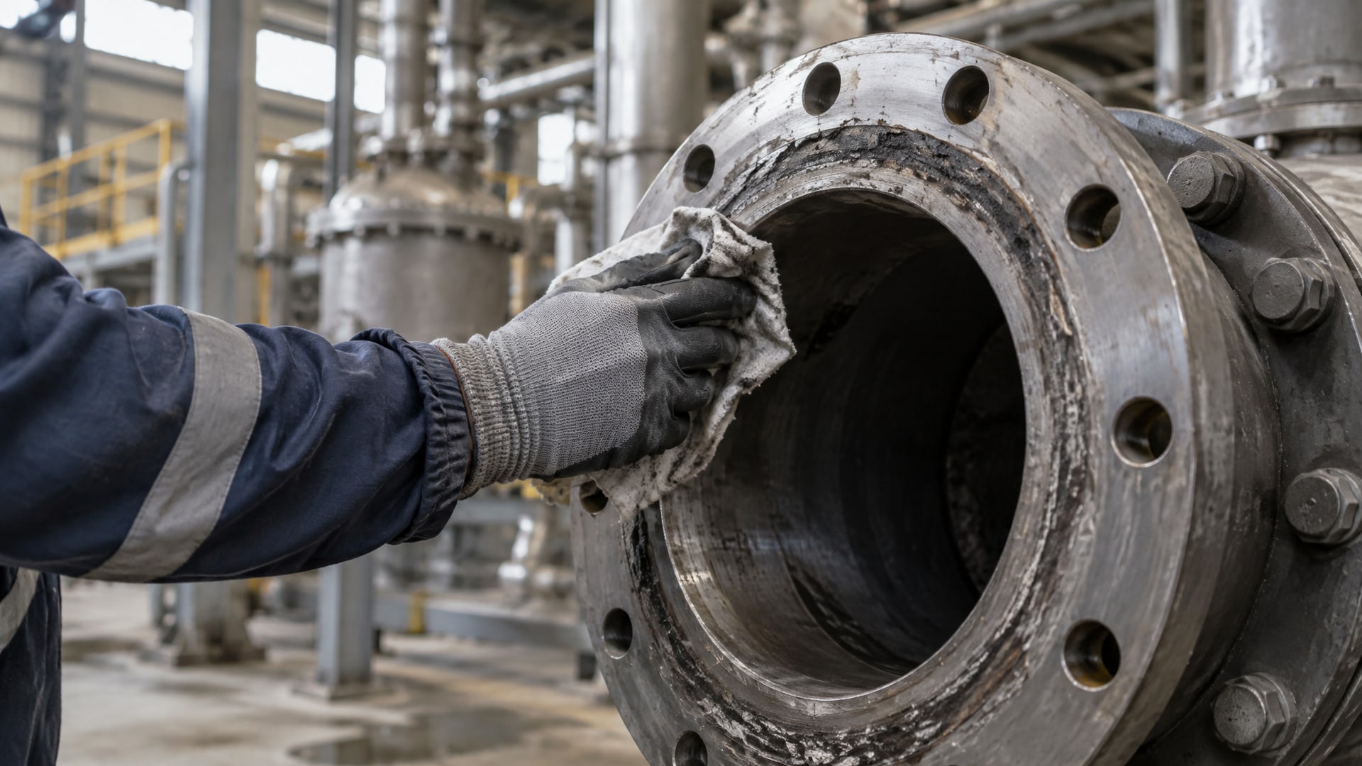 Рабочий аккуратно очищает фланец от остатков старой прокладки перед нанесением герметика.