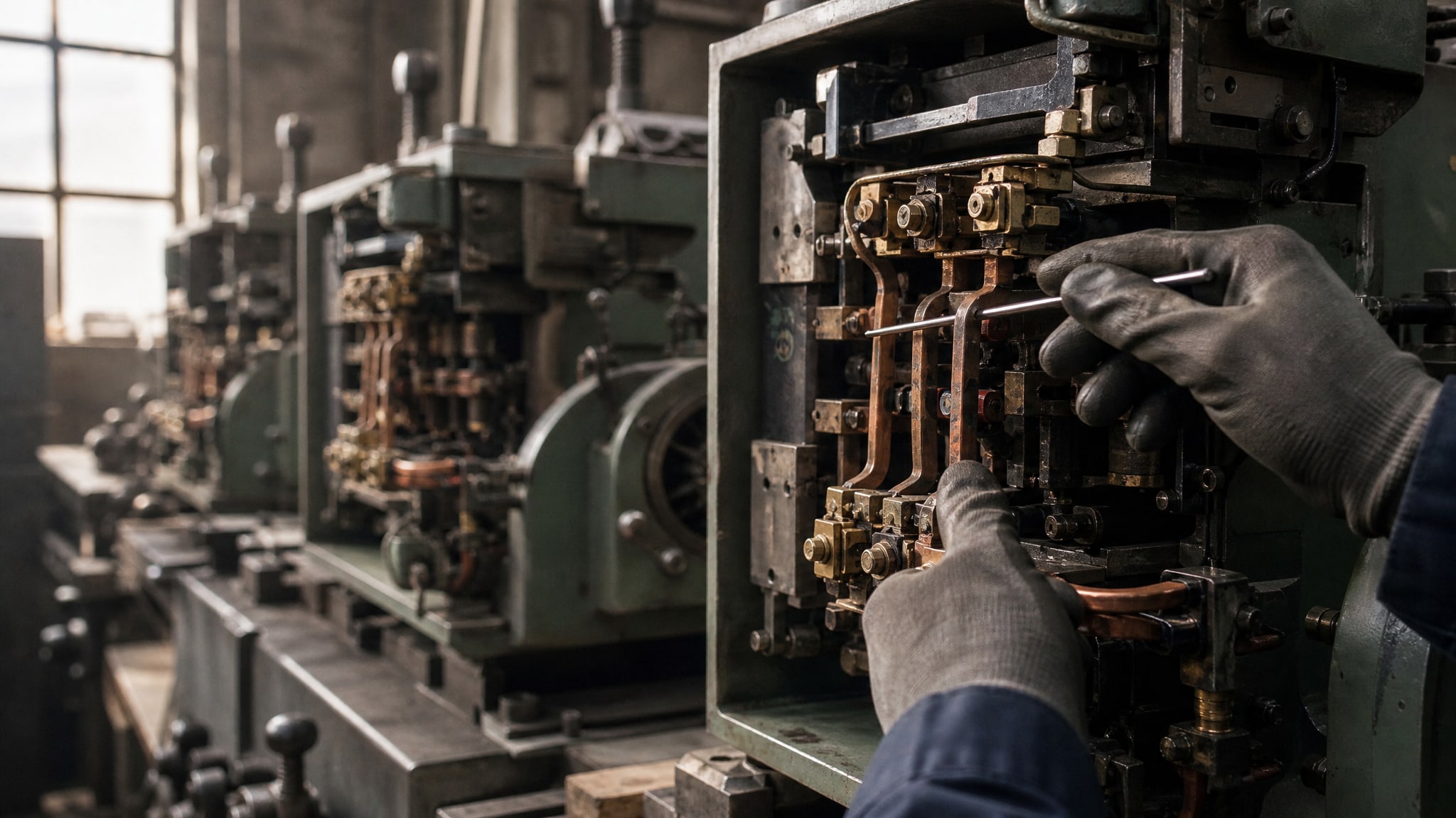 Механик в перчатках осматривает окисленные электрические контакты на промышленных агрегатах.