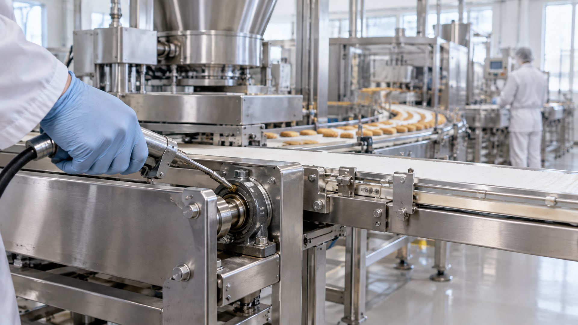Чистая линия по производству продуктов с блестящими конвейерными лентами, срок годности пищевых смазок важен.