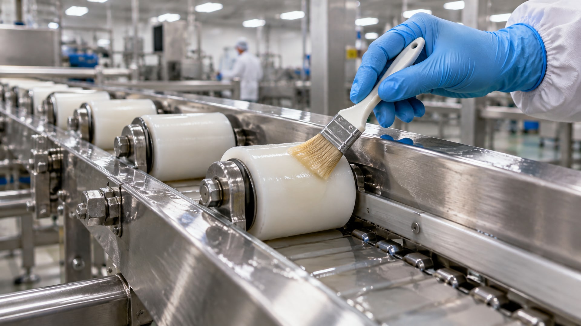 Чистая конвейерная лента с тонким слоем смазки H1 аудит HACCP, наносимой вручную, в цеху.
