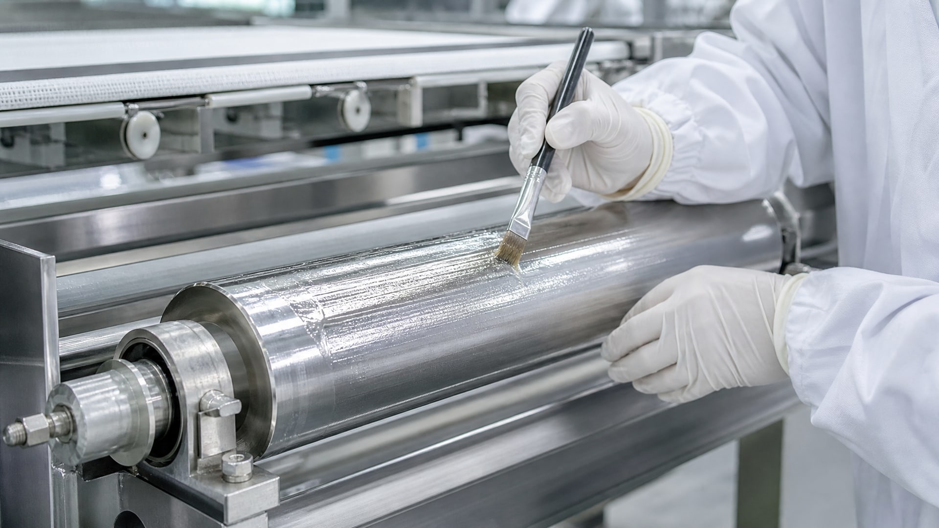Чистая смазка допуск nsf h1 наносится на ролик конвейерной ленты из нержавеющей стали.