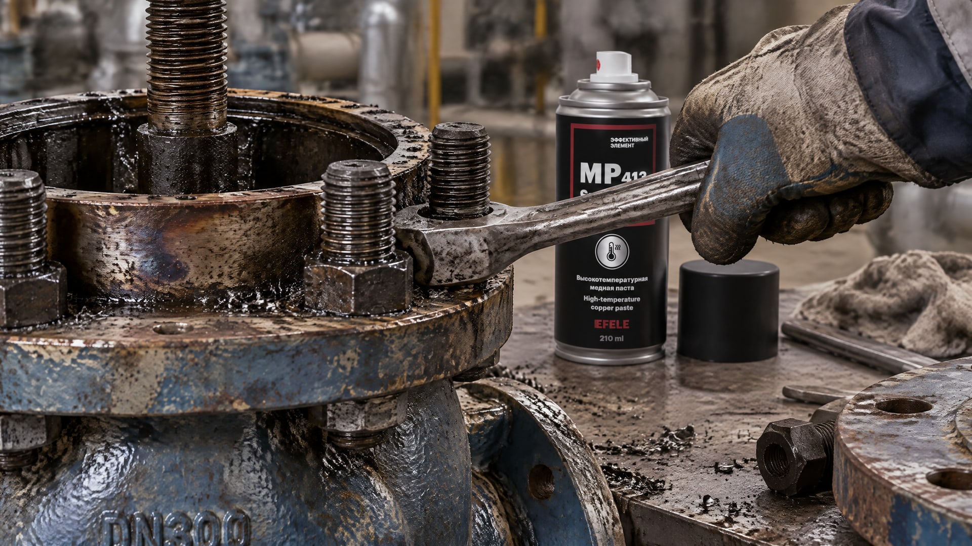 Нанесение медной пасты EFELE MP-413 Spray на резьбовые соединения.