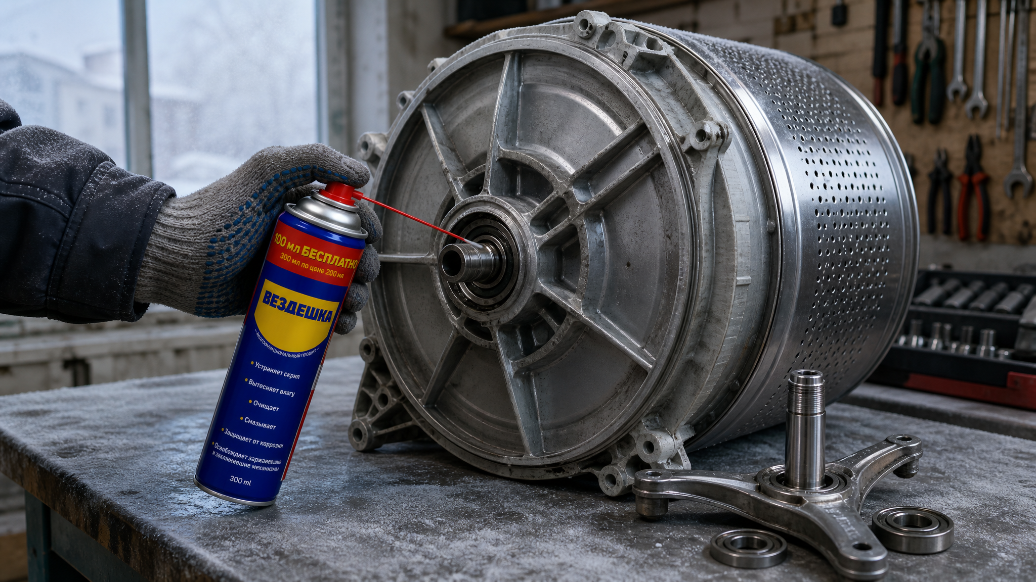 Рука в перчатке наносит универсальную смазку wd-40 из аэрозоля для вытеснения влаги.