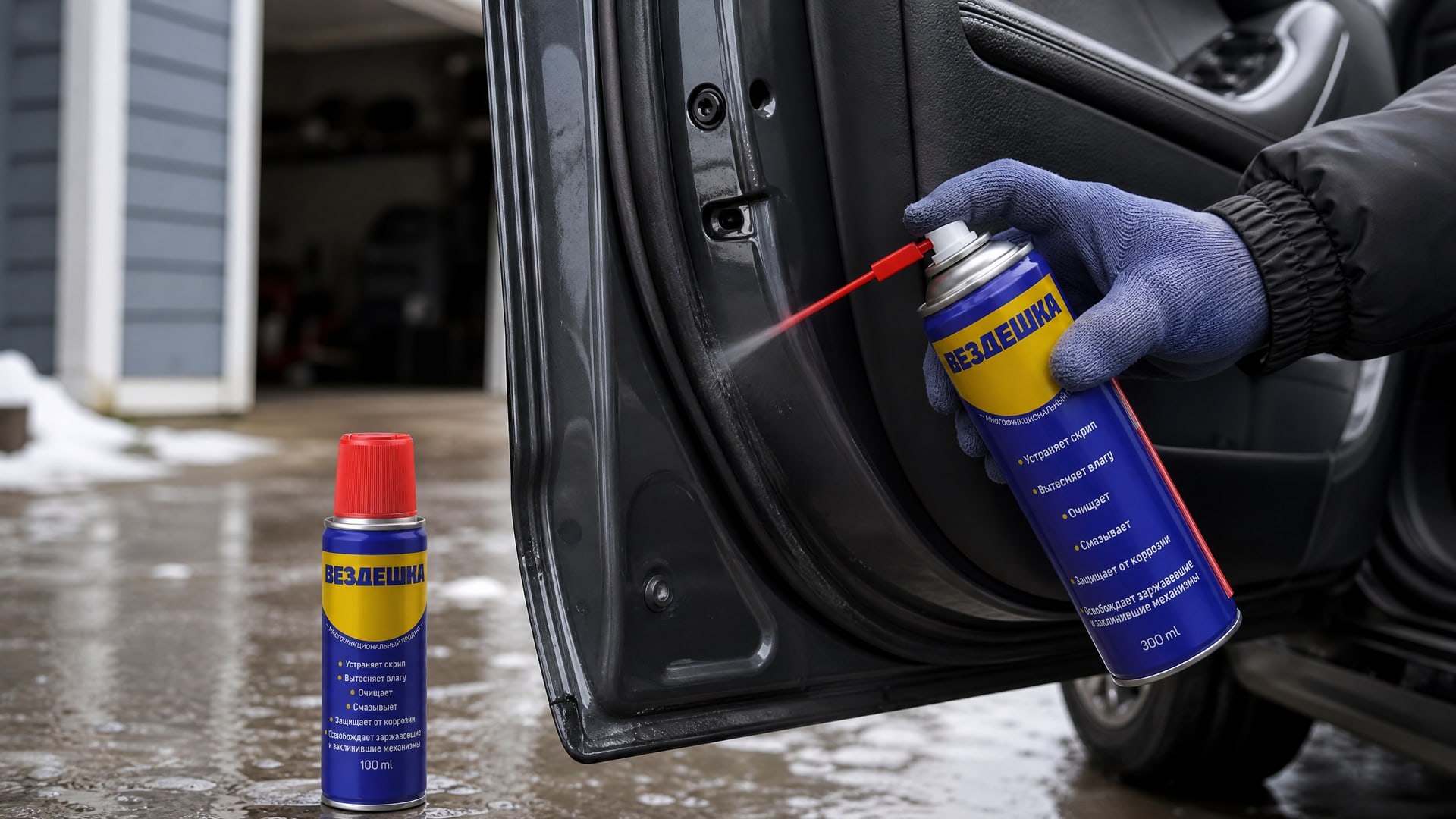 Рука наносит универсальную смазку wd-40 на упаковку продукта.