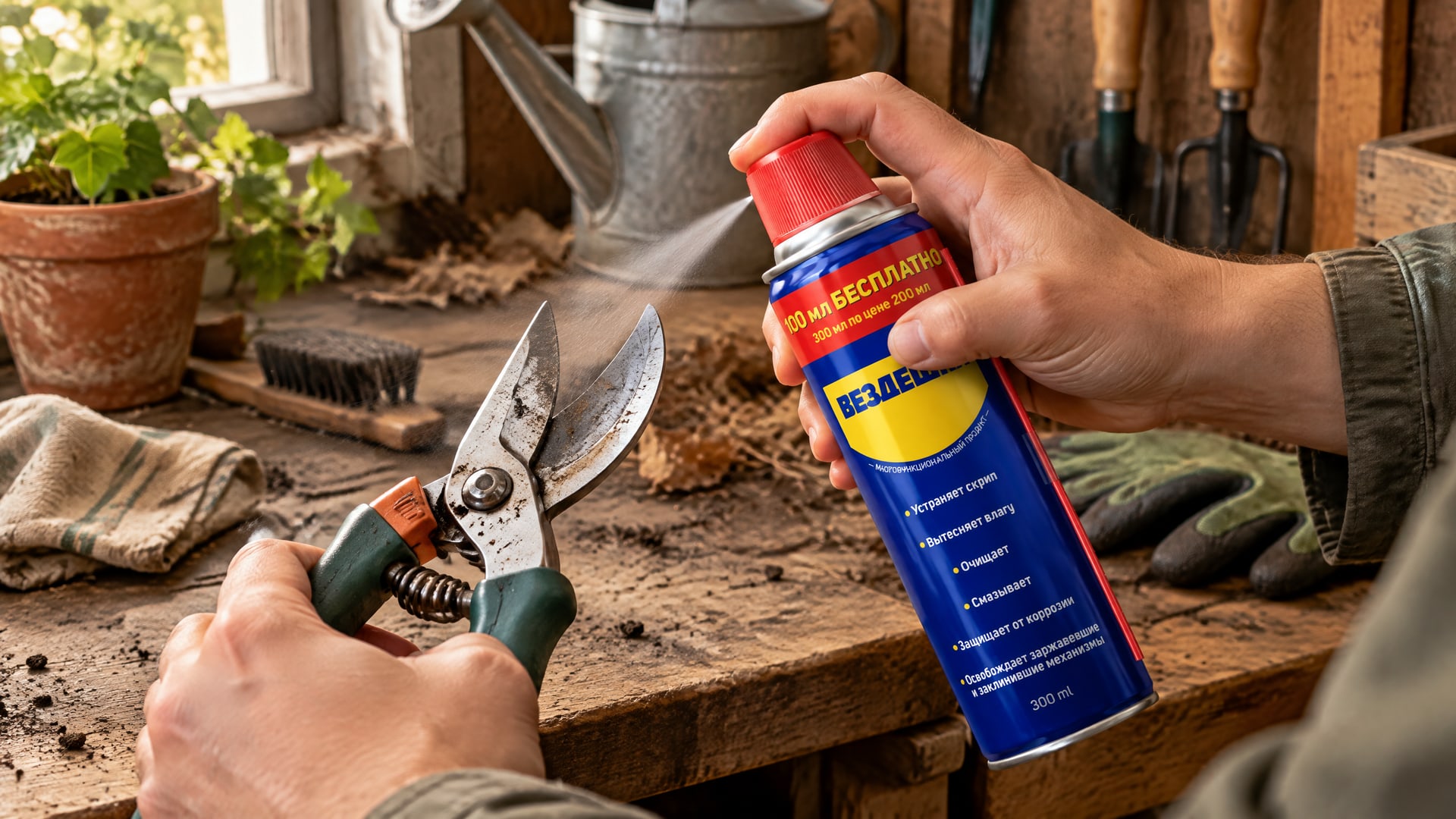 Рука в перчатке наносит универсальную смазку WD-40 на инструмент.