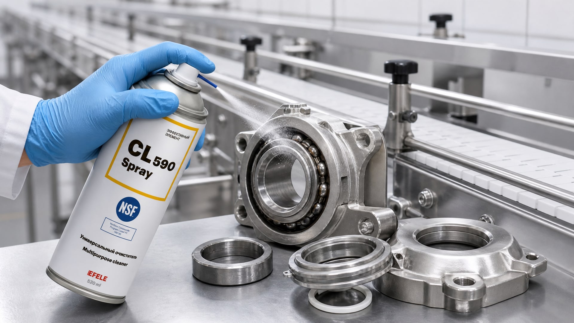 Рука наносит EFELE CL-590 Spray для очистки оборудования перед заменой смазок.