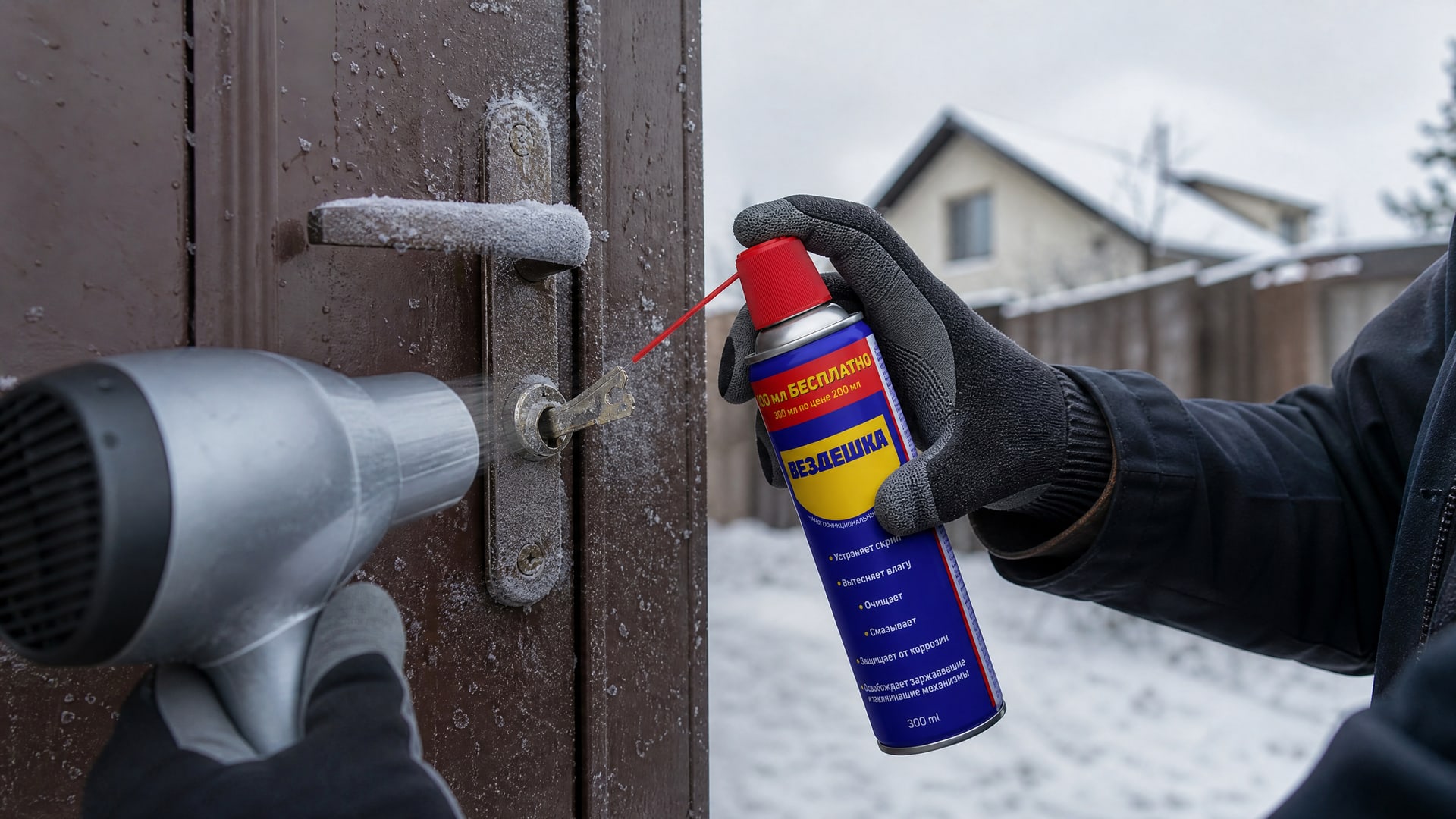 Рука в перчатке наносит универсальную смазку WD-40 на замок.