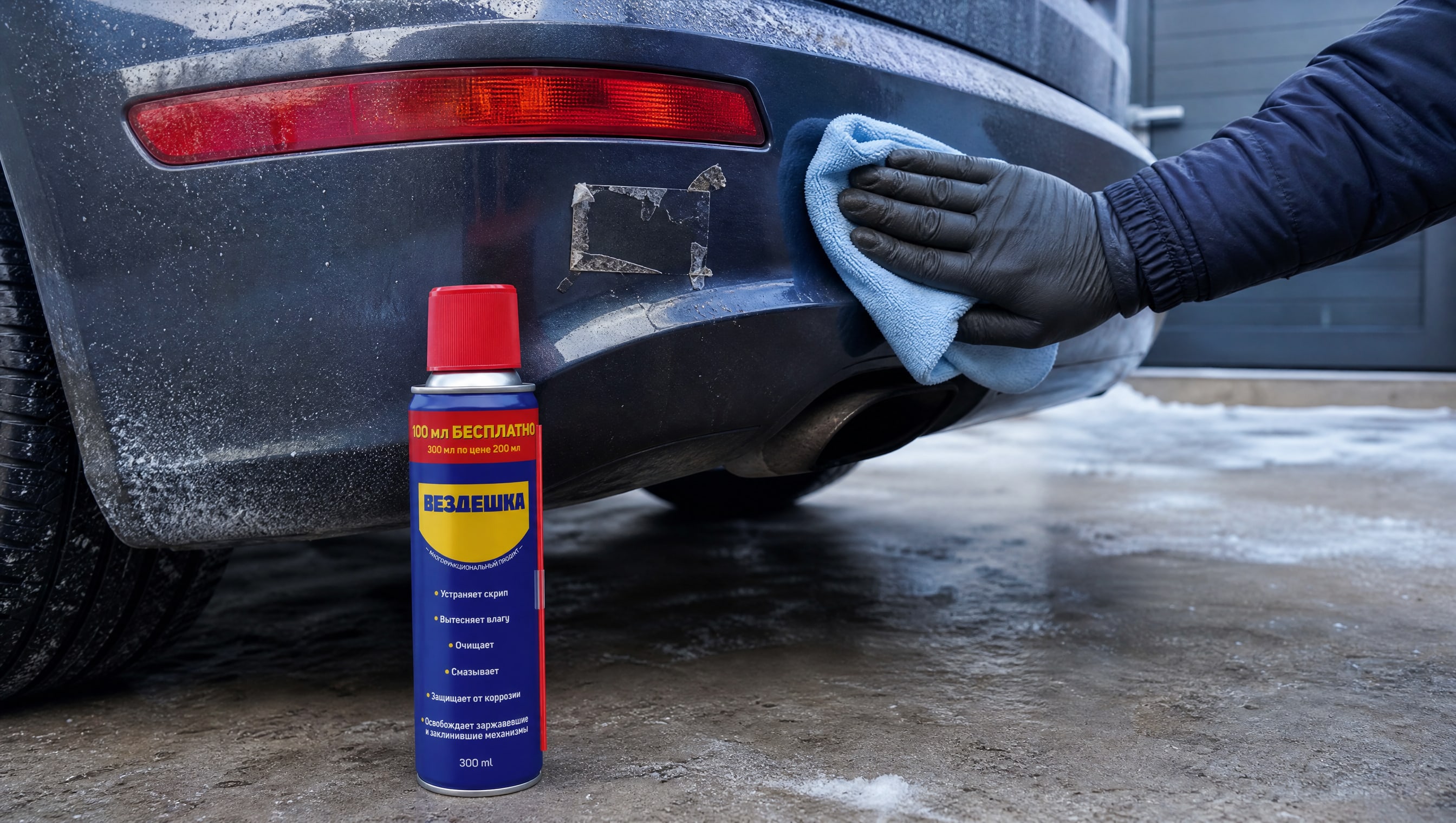 Рука наносит универсальную смазку wd-40 на поверхность автомобиля.