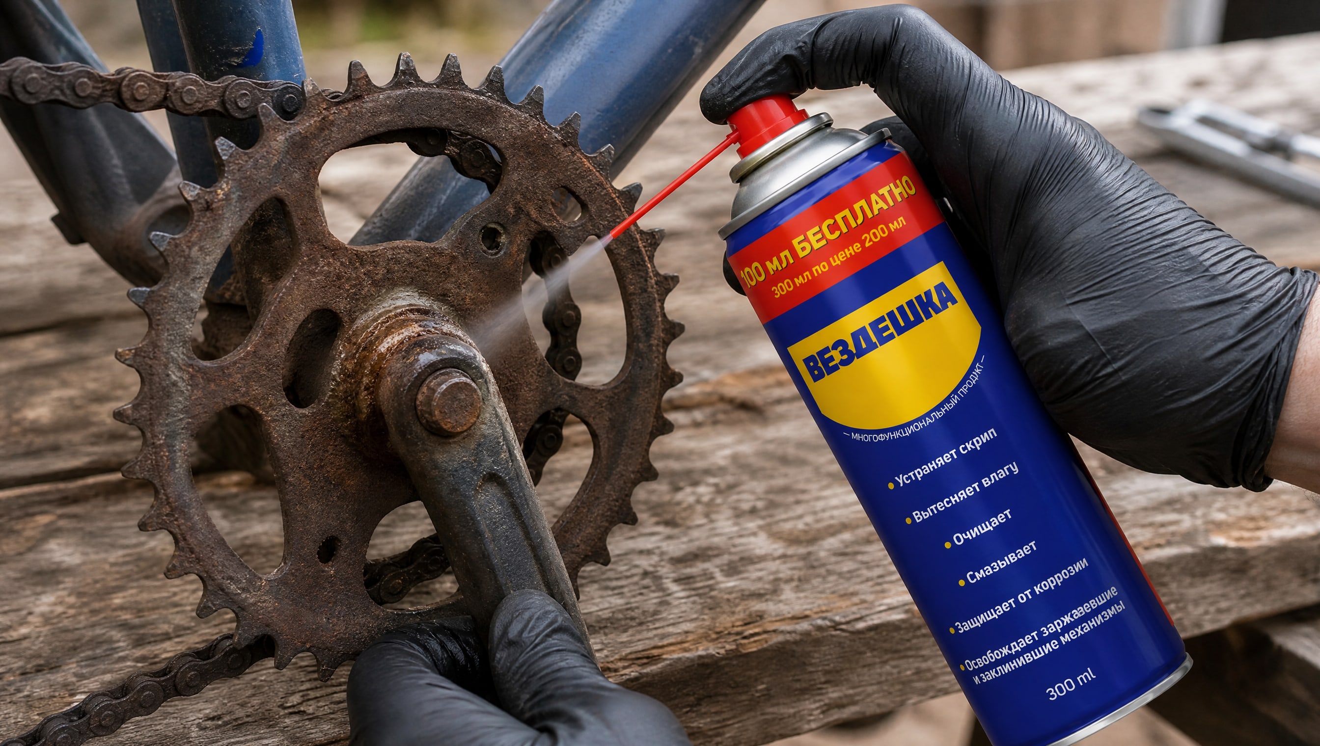 Рука в перчатке наносит универсальную смазку WD40 на закисшие резьбовые соединения.