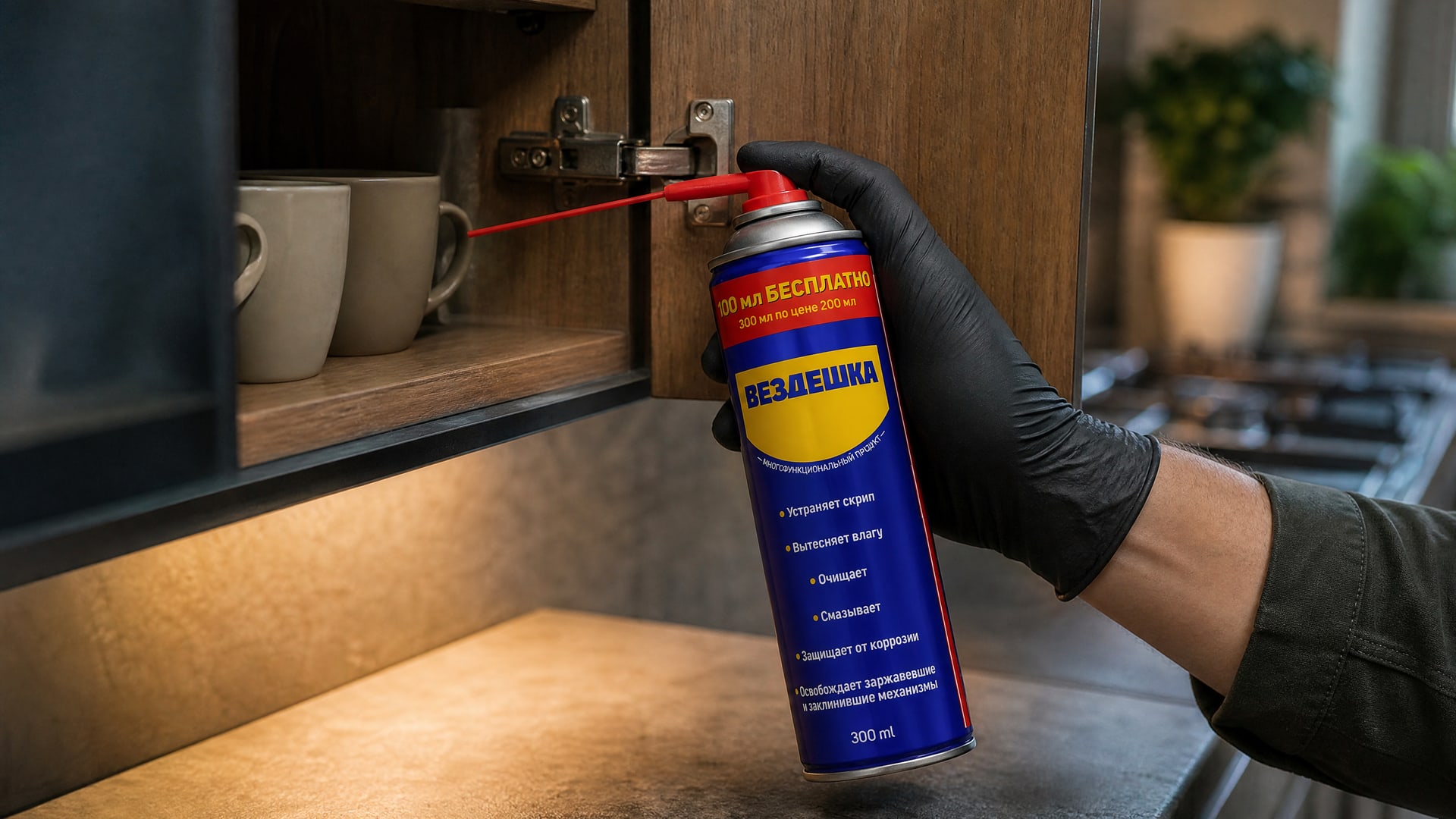 Рука в перчатке наносит универсальную смазку WD40.