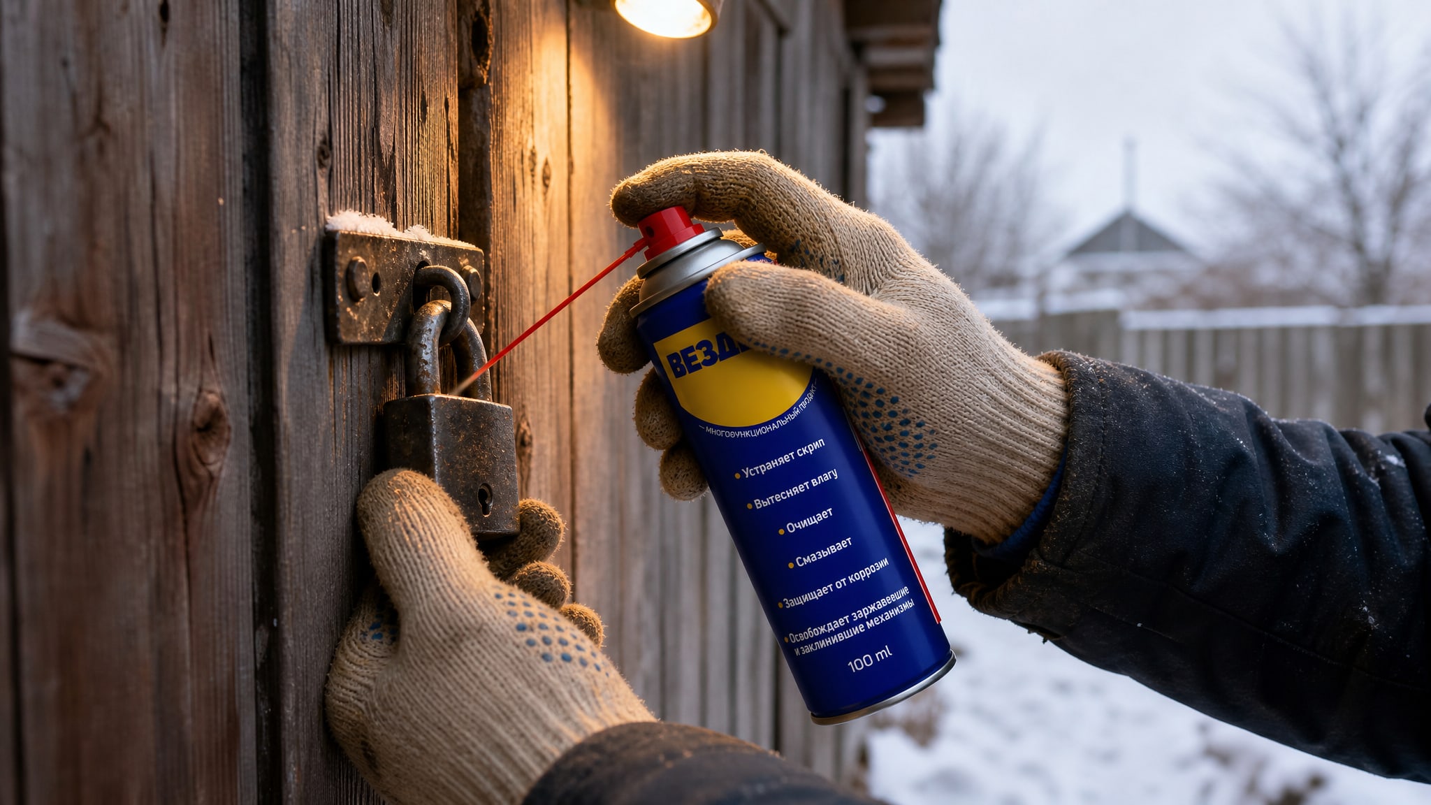 Рука в перчатке наносит универсальную смазку WD-40 на навесной замок.