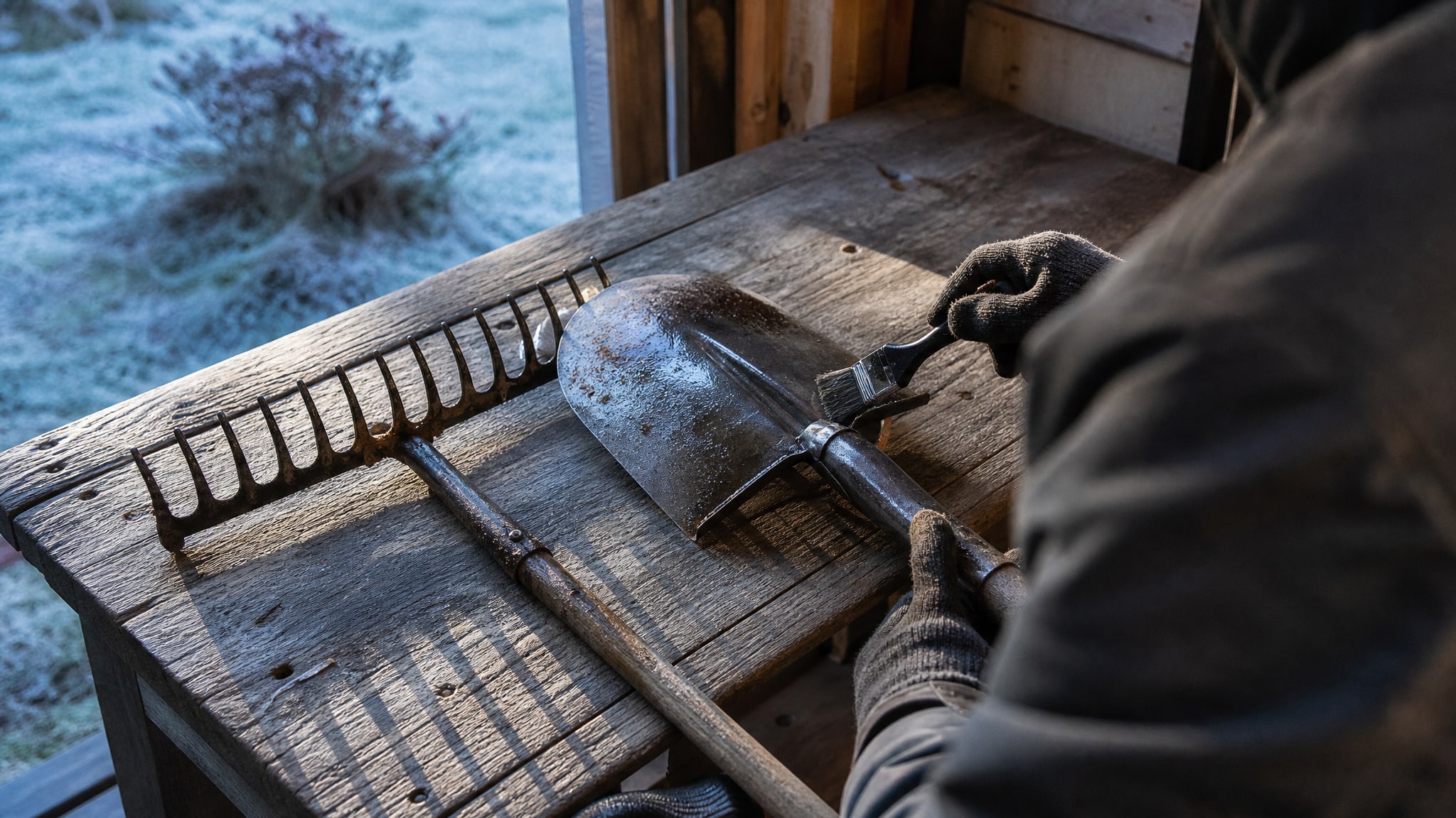 Человек наносит WD40 на лопату и грабли, лежащие на старом верстаке в сарае.