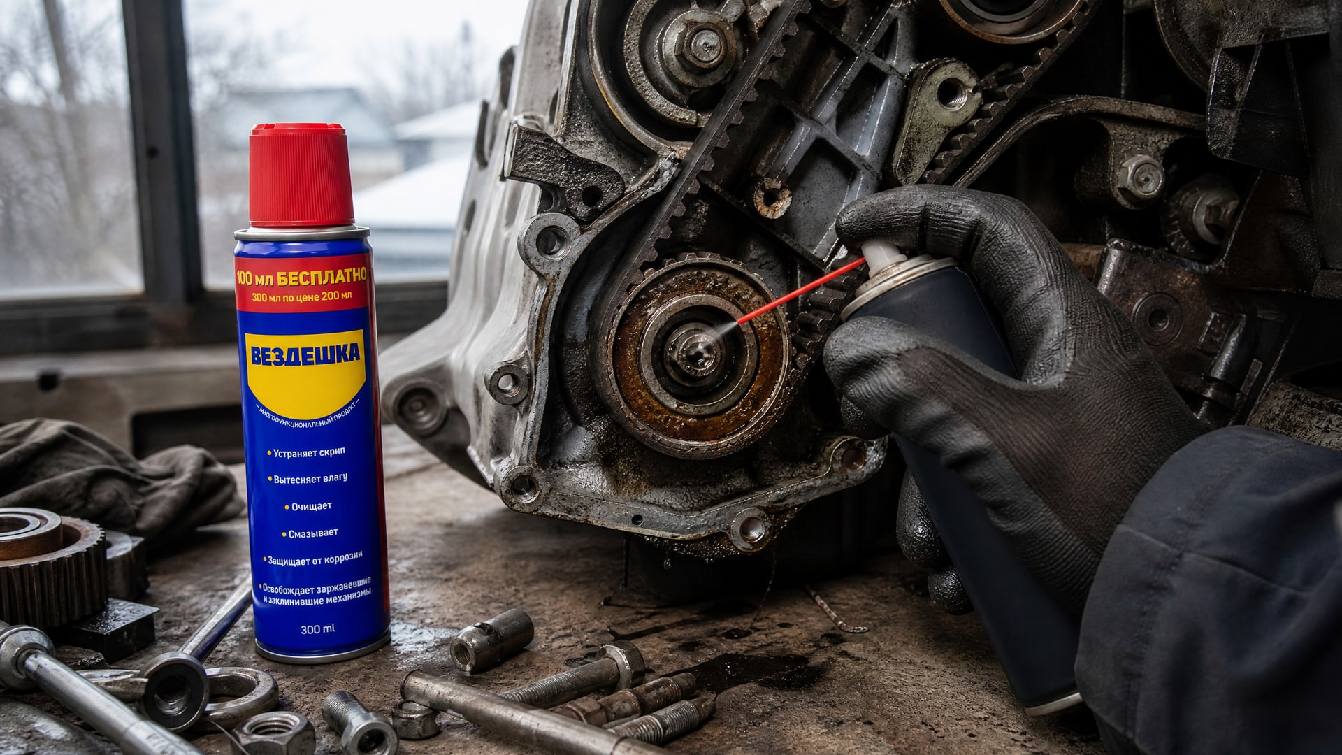 Работник в перчатке наносит wd-40 на подшипник ГРМ.