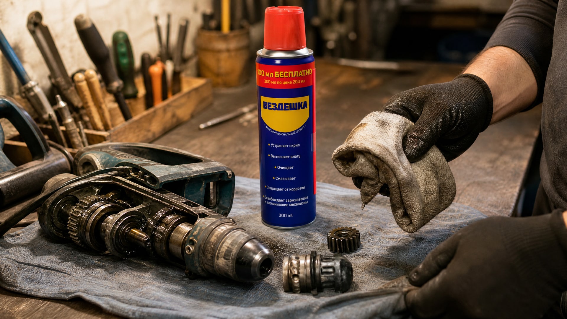 Рука в перчатке наносит универсальную смазку wd-40 на инструмент.