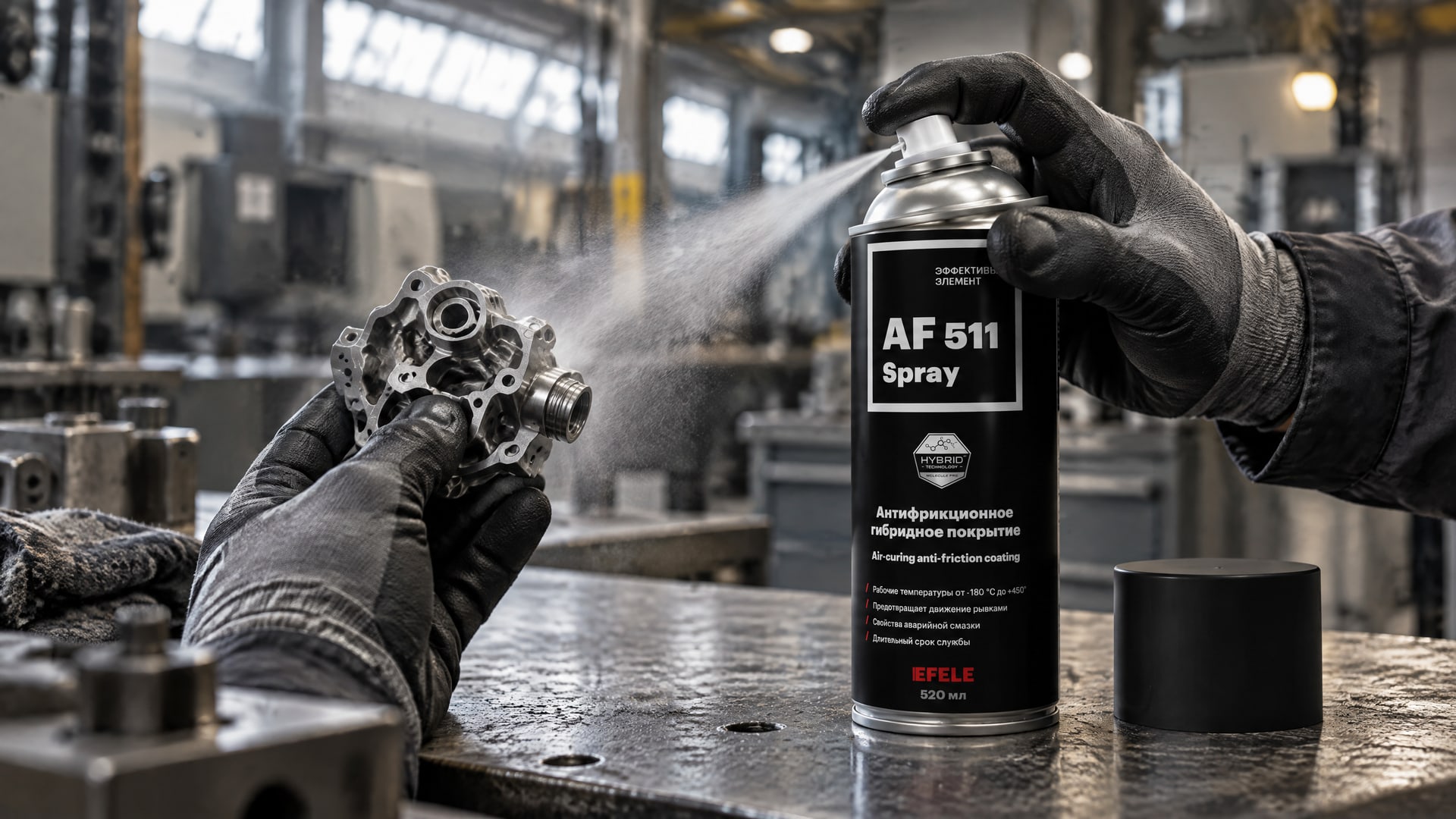 Человек в перчатке наносит EFELE AF-511 Spray (антифрикционное сухое) с широким температурным диапазоном.