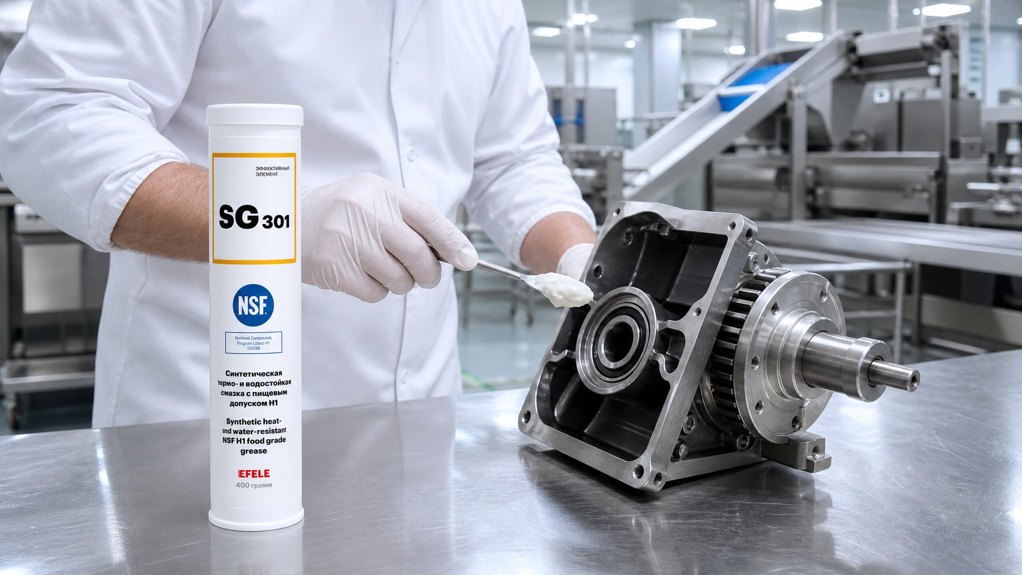 Рука в перчатке наносит EFELE SG-301 на оборудование пищевого производства.