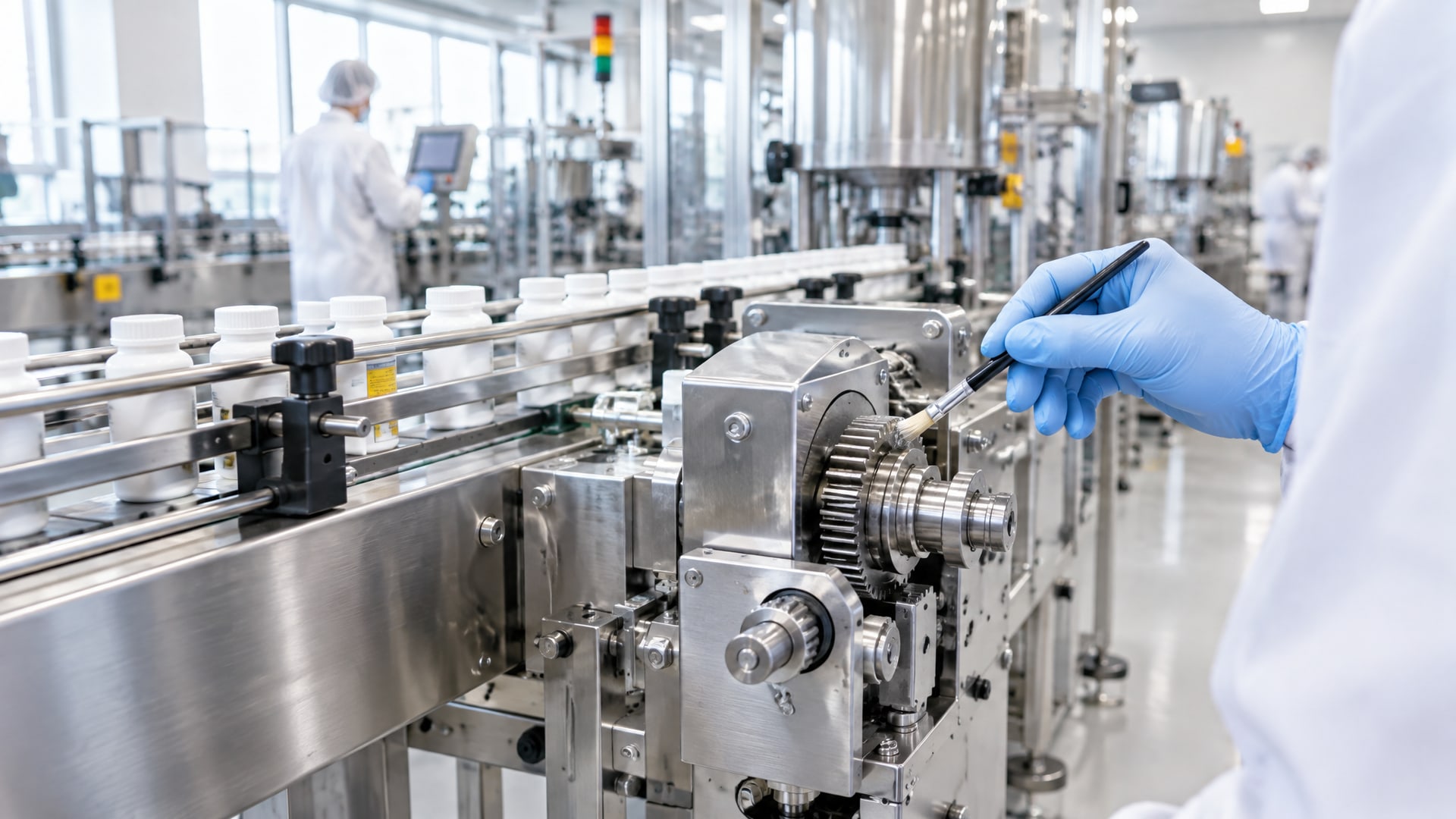 Защита продукта смазка наносится на движущийся механизм фармацевтического конвейера.