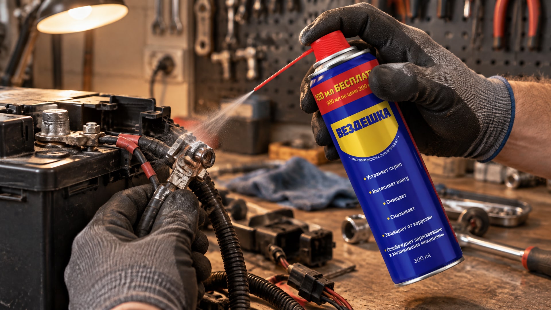 Рука в перчатке наносит wd-40 из аэрозольного баллона.
