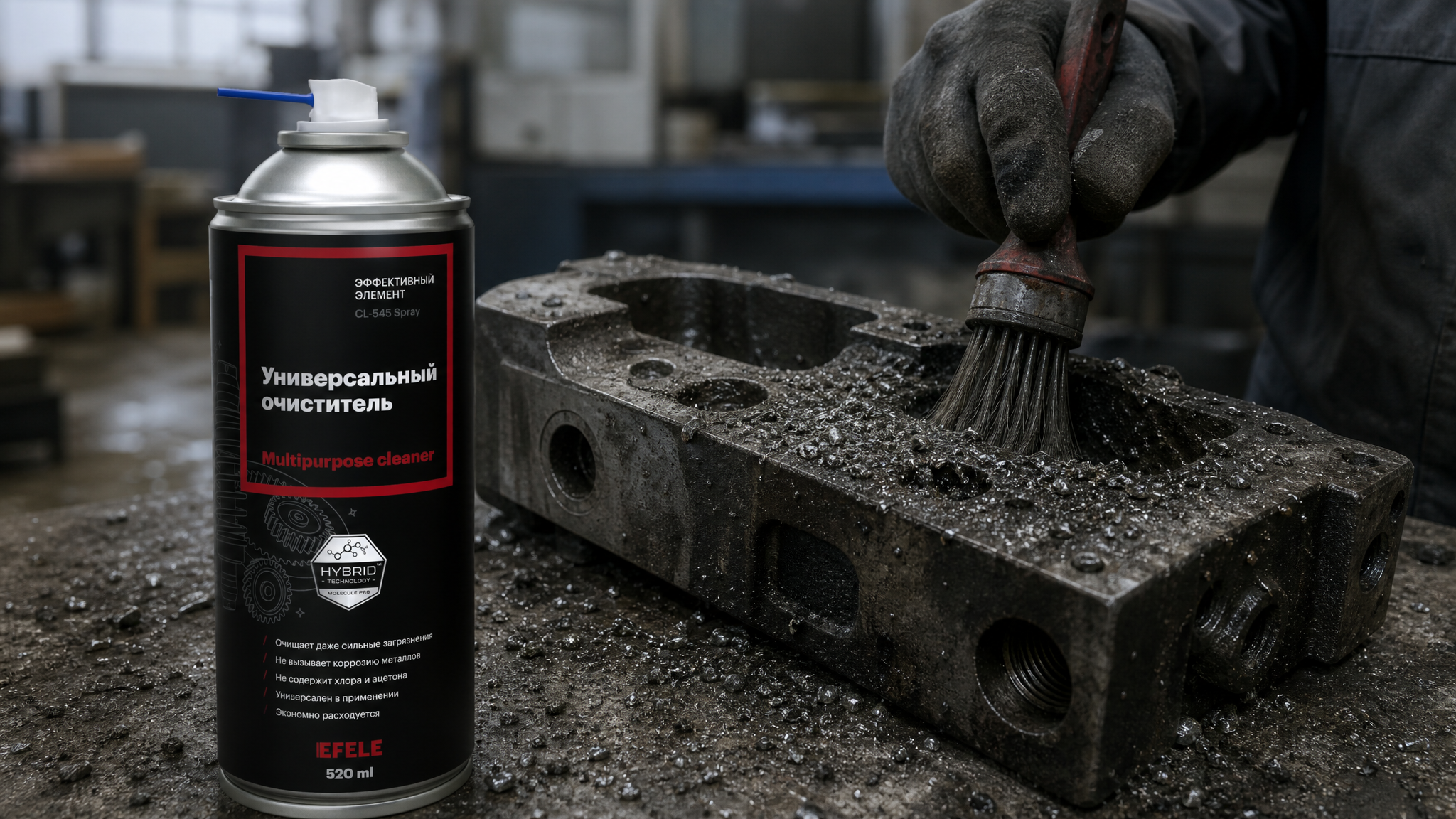 Рука в перчатке распыляет EFELE CL-545 Spray для подготовки поверхности покрытия.