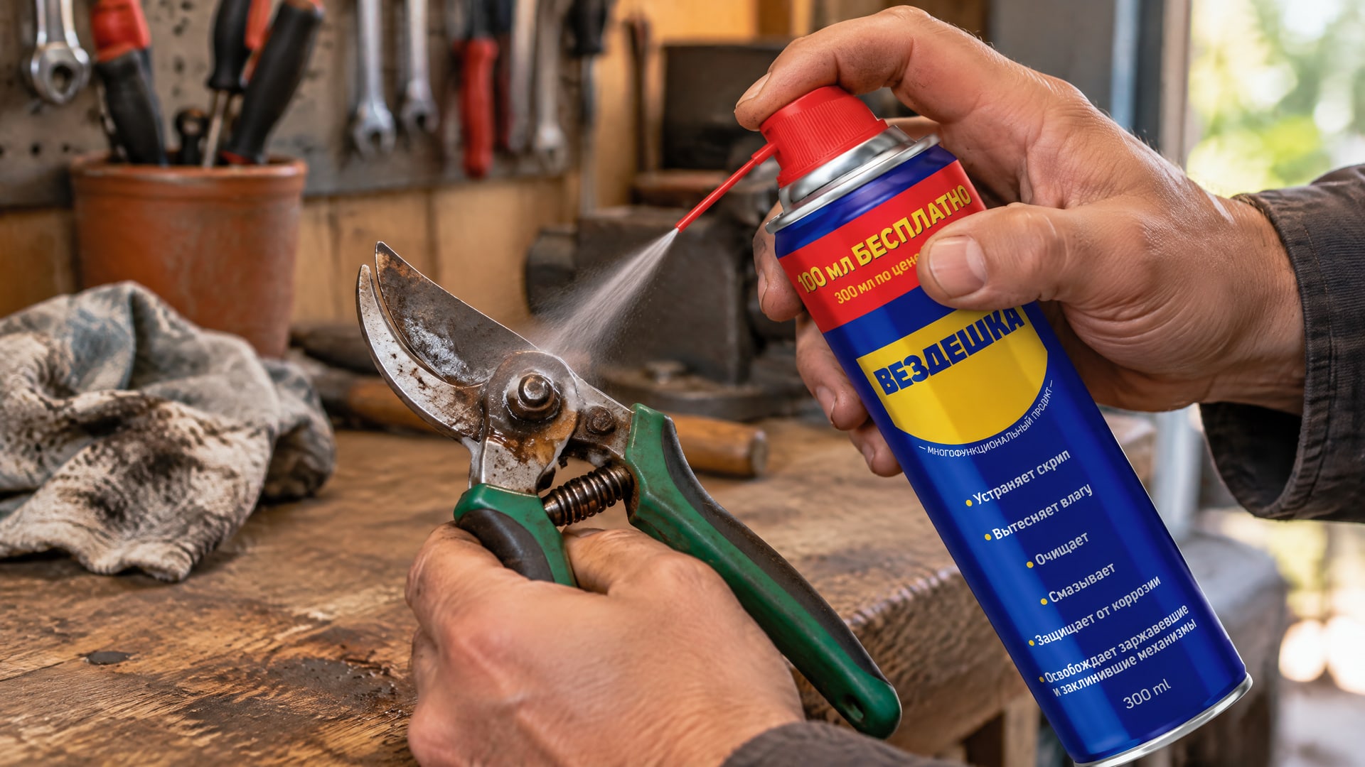 Рука в перчатке смазывает секатор универсальной смазкой WD-40.