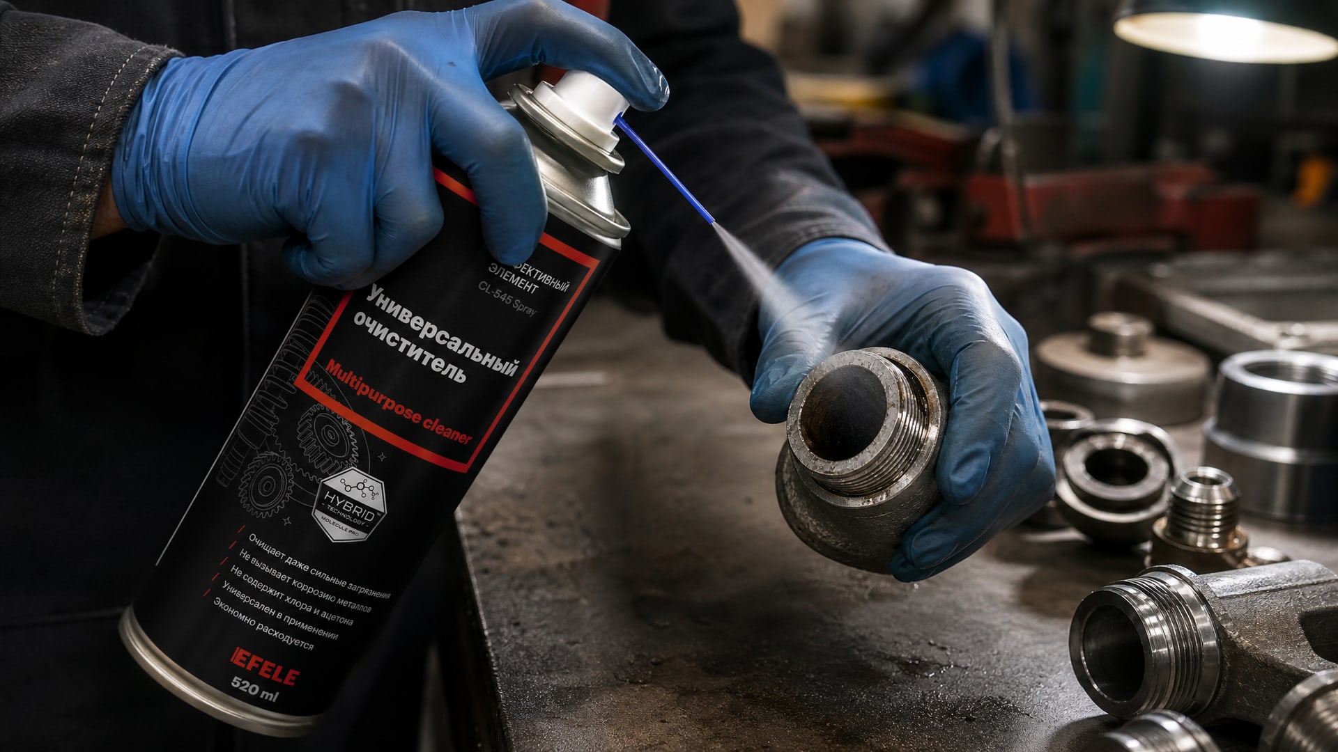 Рука наносит EFELE CL-545 Spray, чтобы удалить анаэробный герметик с резьбовых соединений.