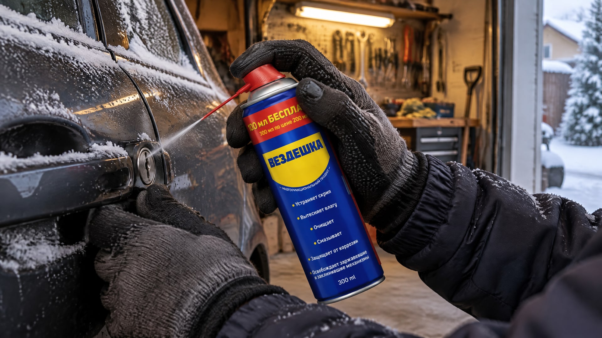 Рука в перчатке наносит универсальную смазку WD40 на замок.