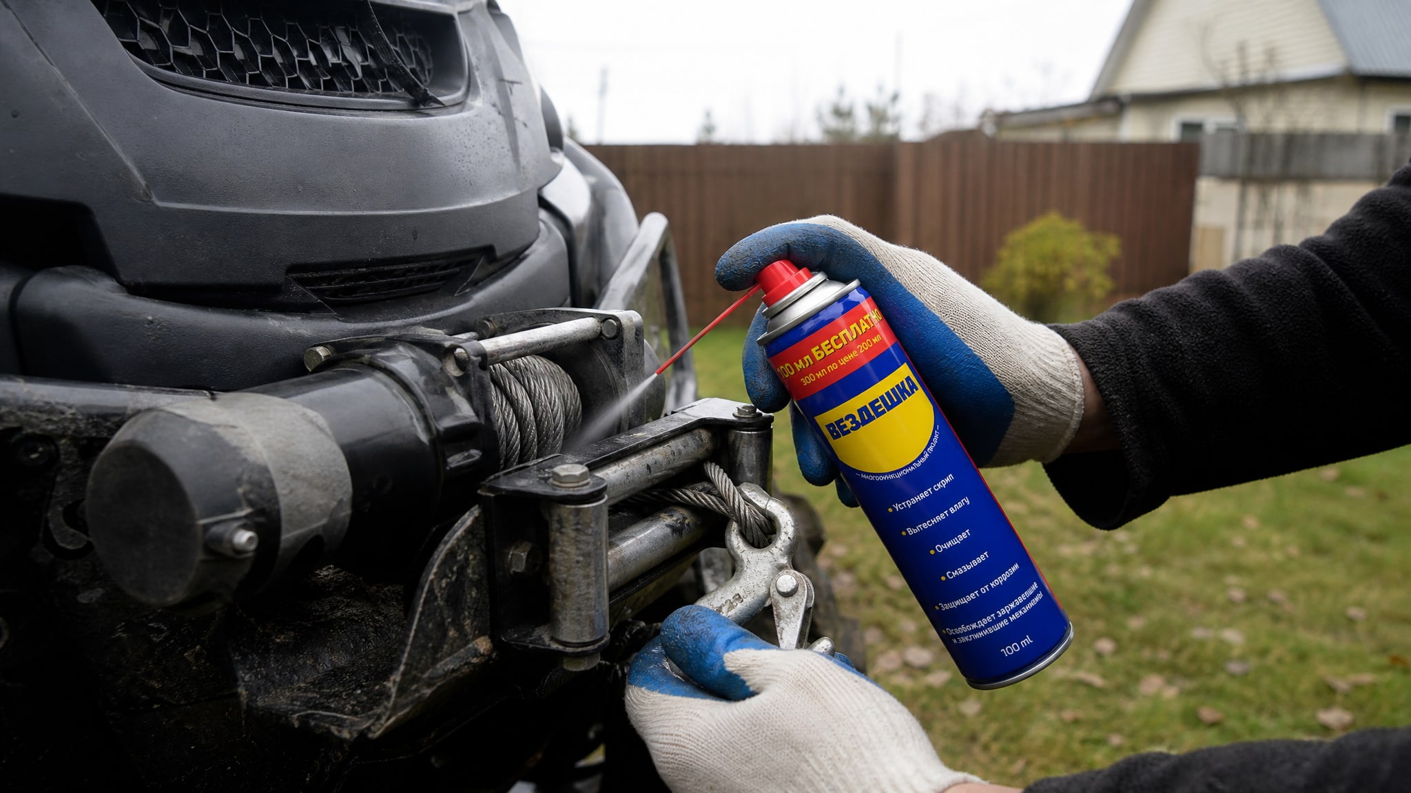 Рука в перчатке наносит универсальную смазку wd-40 на лебедку квадроцикла.