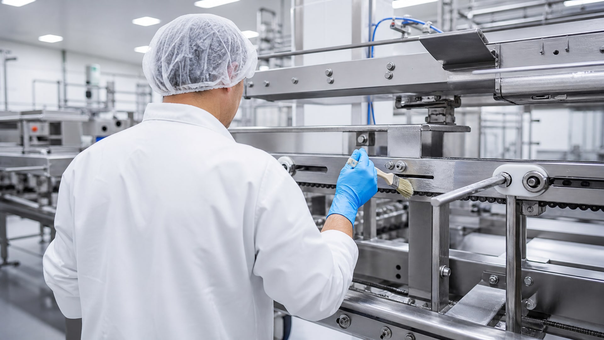 Специалист тщательно наносит смазку контакт с продуктом кистью на части конвейера.
