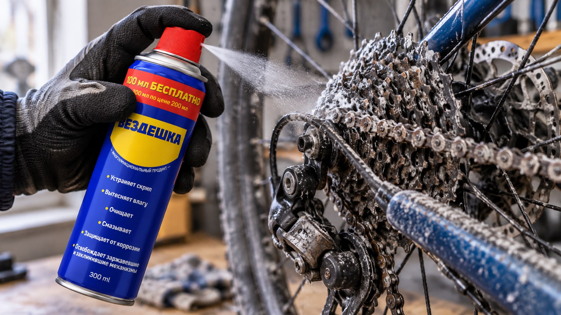 Рука в перчатке наносит универсальную смазку WD40 на велосипед.